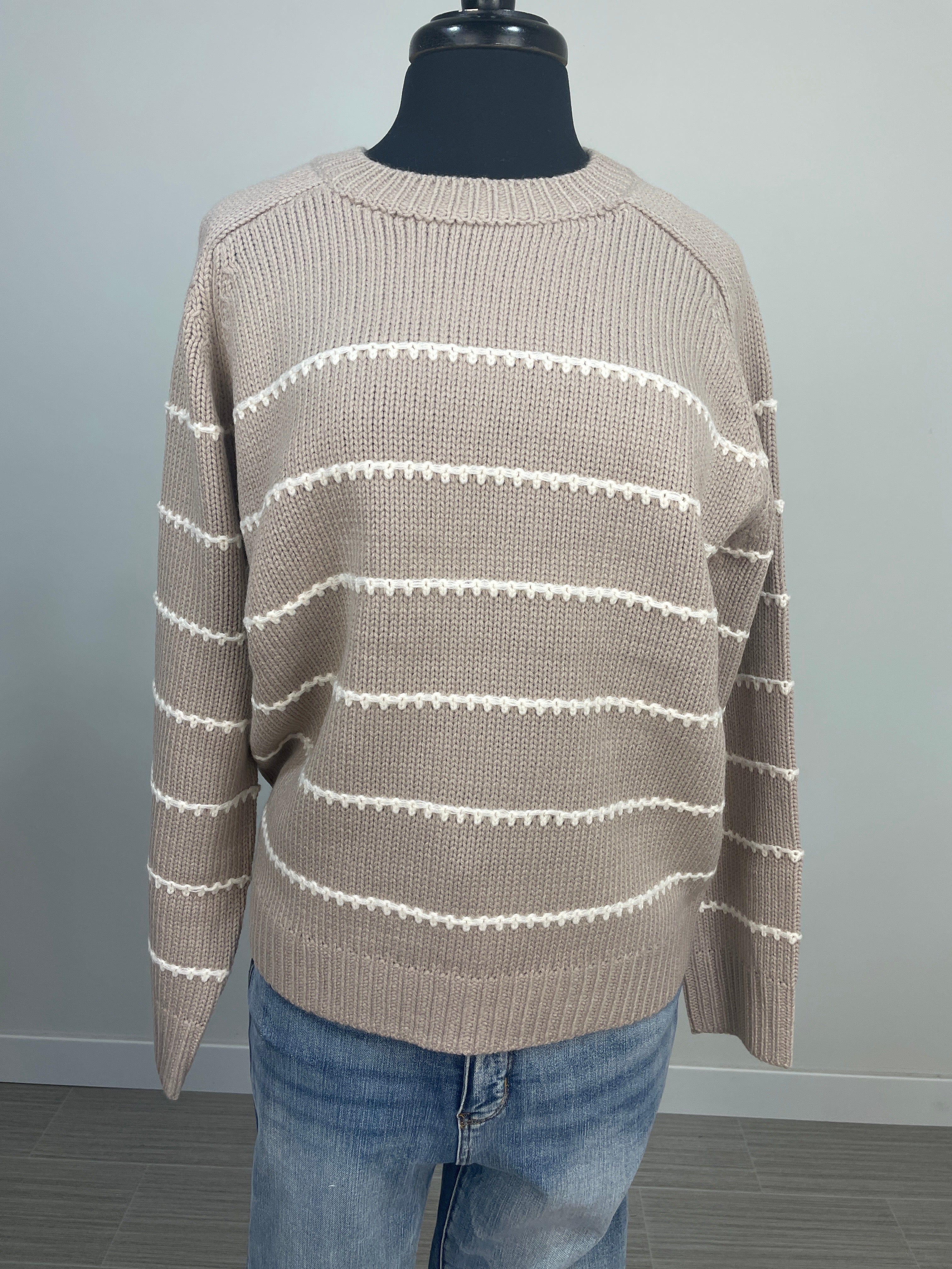 Taupe with Ivory Stitch Detail Pullover Sweater