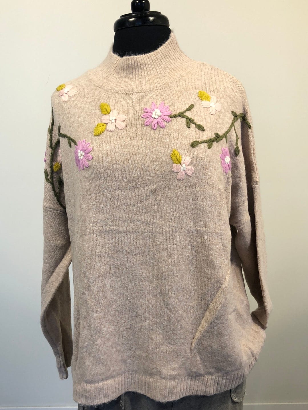 Taupe Embroidered Sweater Pullover