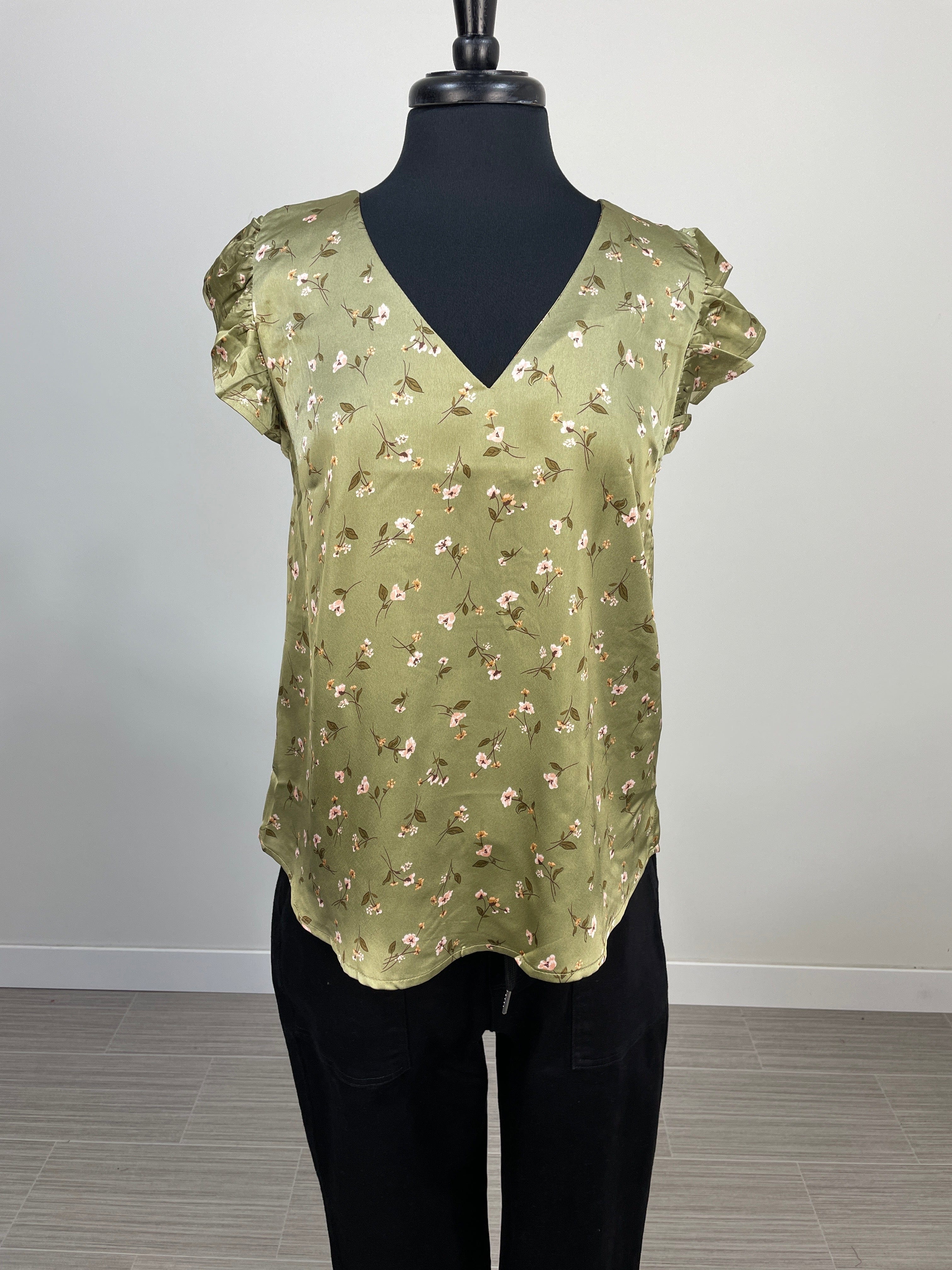 Olive Floral Ruffle Sleeve Top