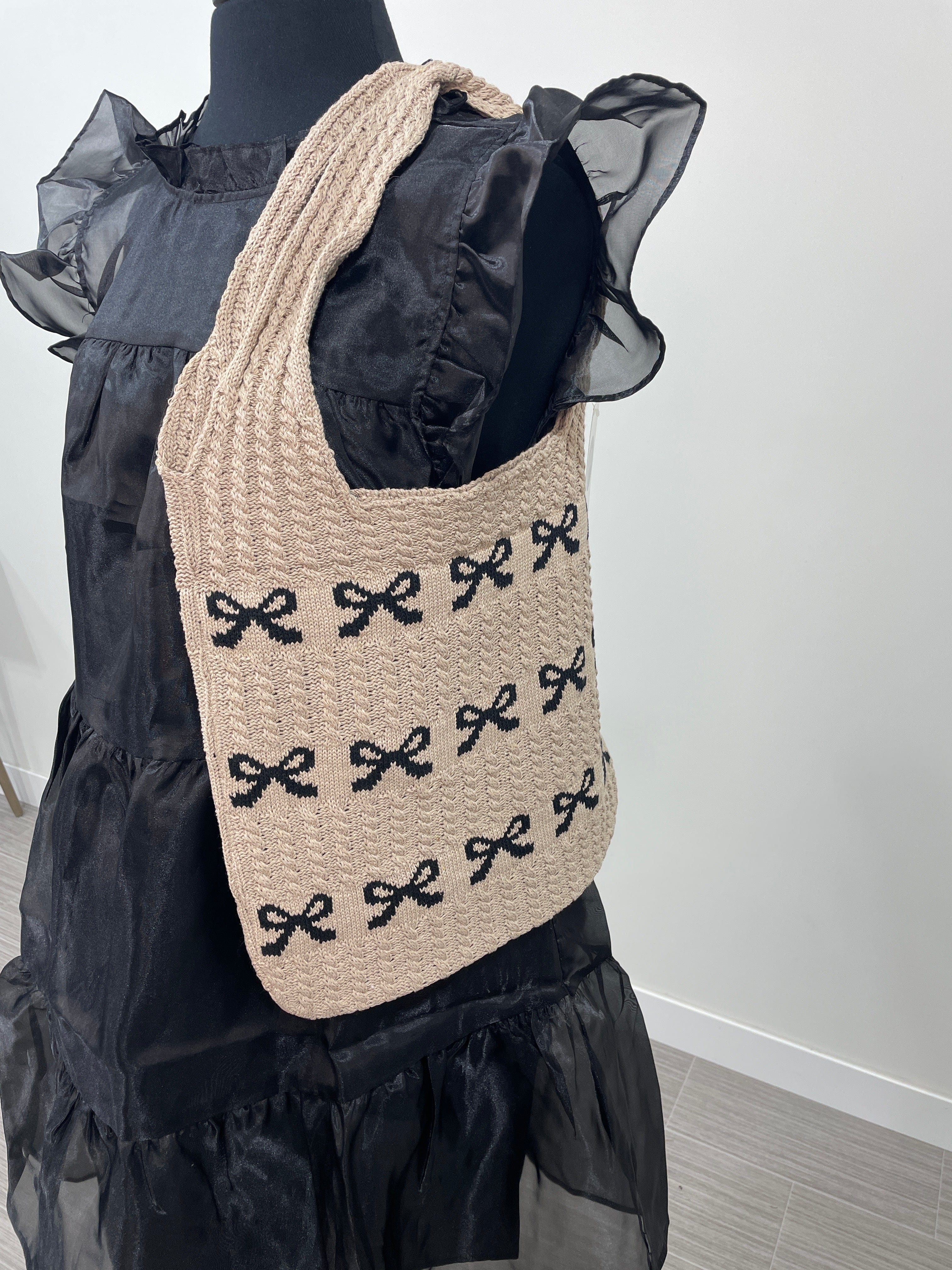 Ivory & Black Bow Crochet Bag