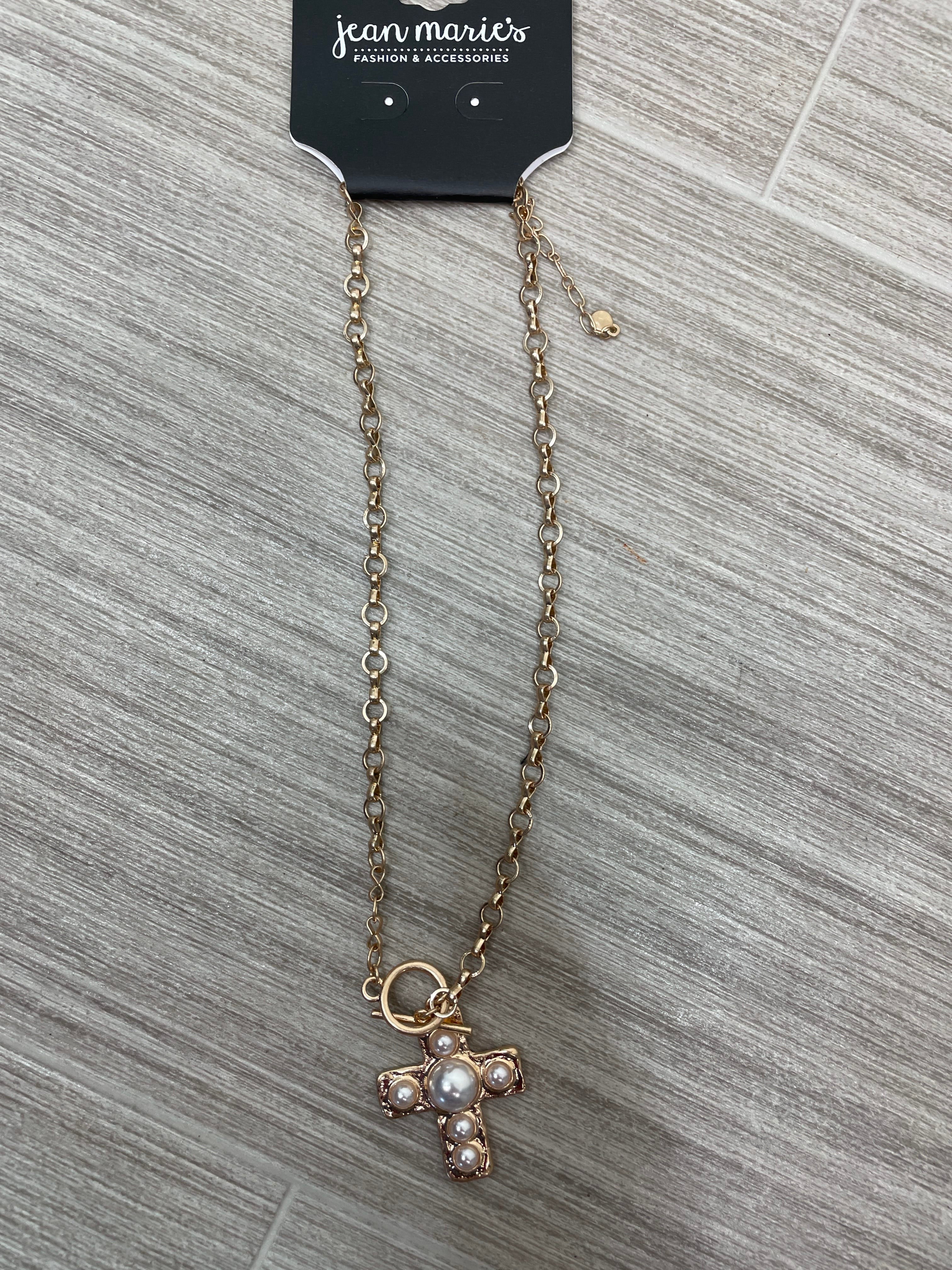 Gold Chain Link Small Pearl Cross Pendant Necklace