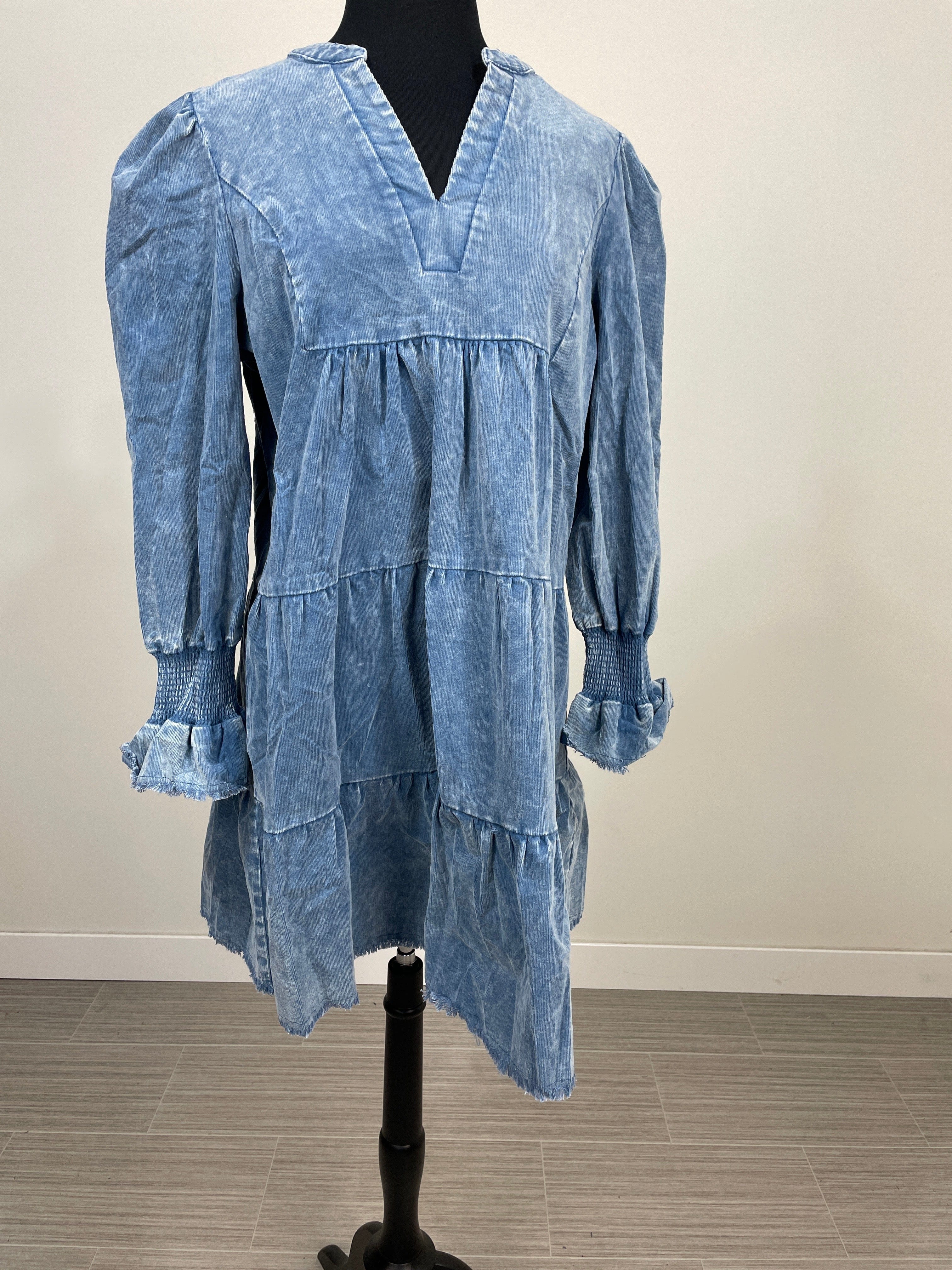 Denim Blue Stone Wash Corduroy Tiered Dress