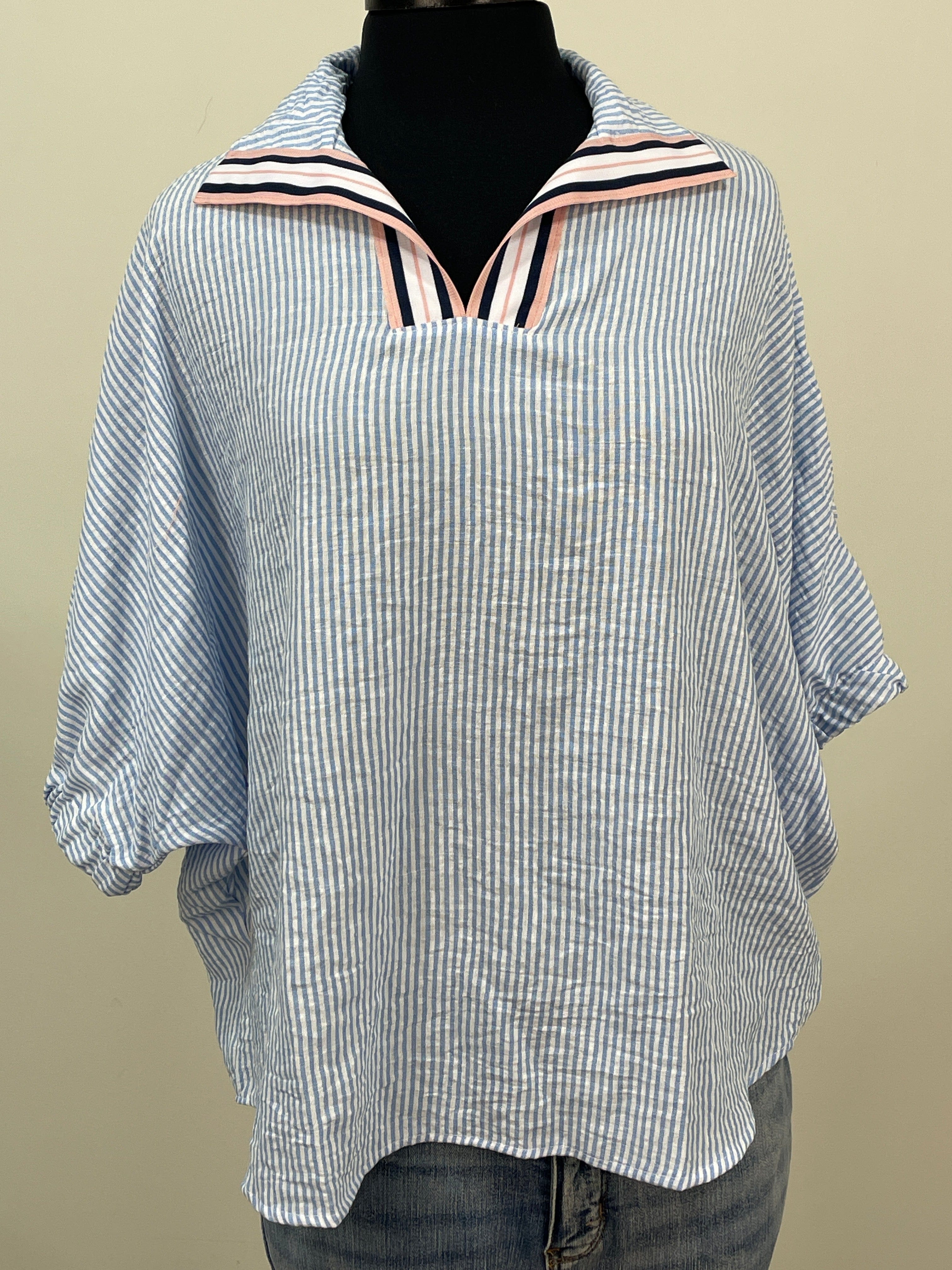 Light Blue & Pink Vertical Stripe Collar Dolman Top