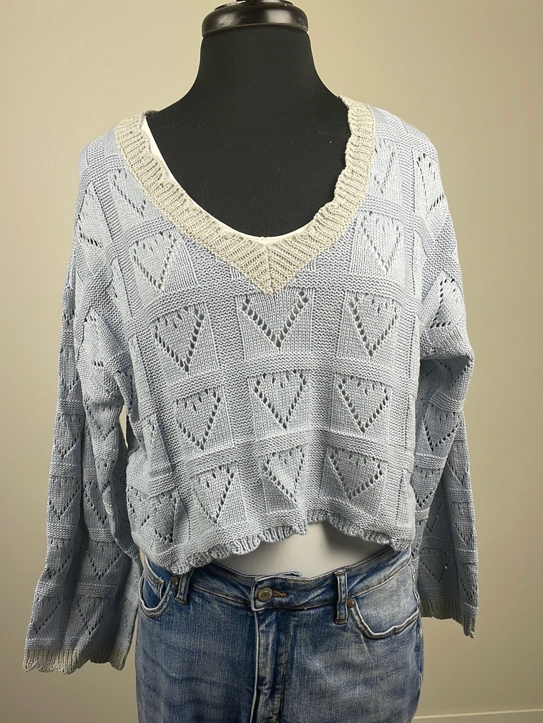 Ice Blue Heart Knit Crop Sweater