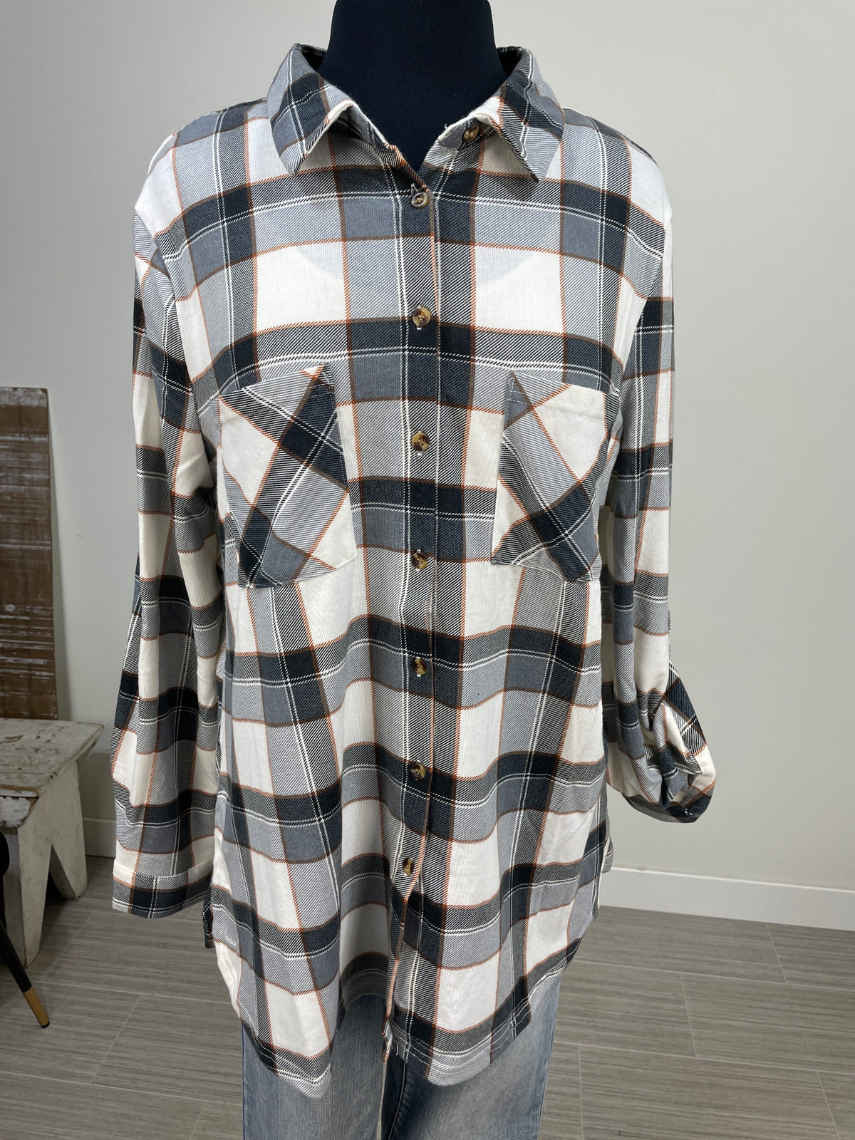 Grey Side Vent with Buttons Plaid Flannel Top