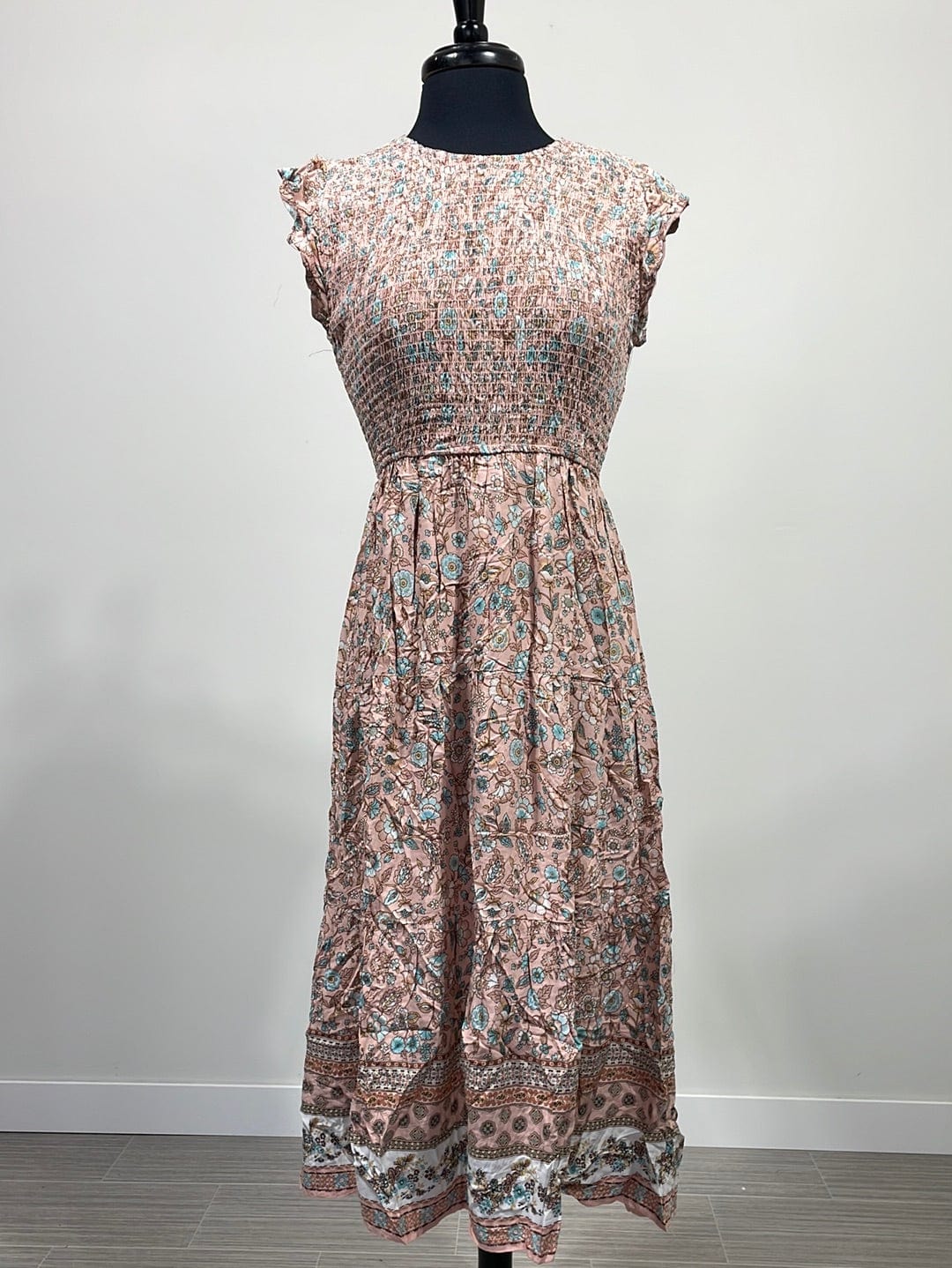Peach Floral Print Smocked Dress