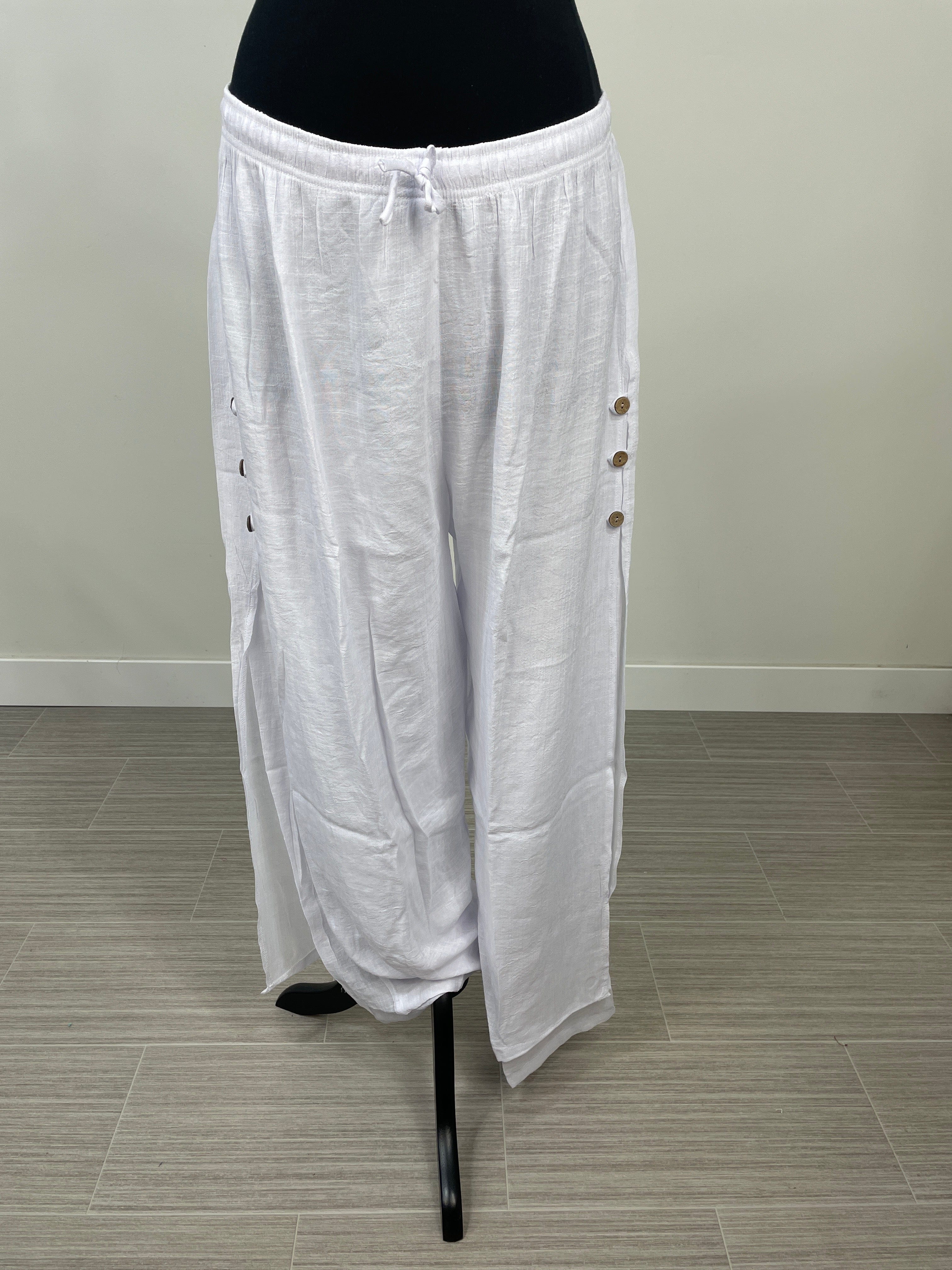 White Flowy Side Button Gauze Pant