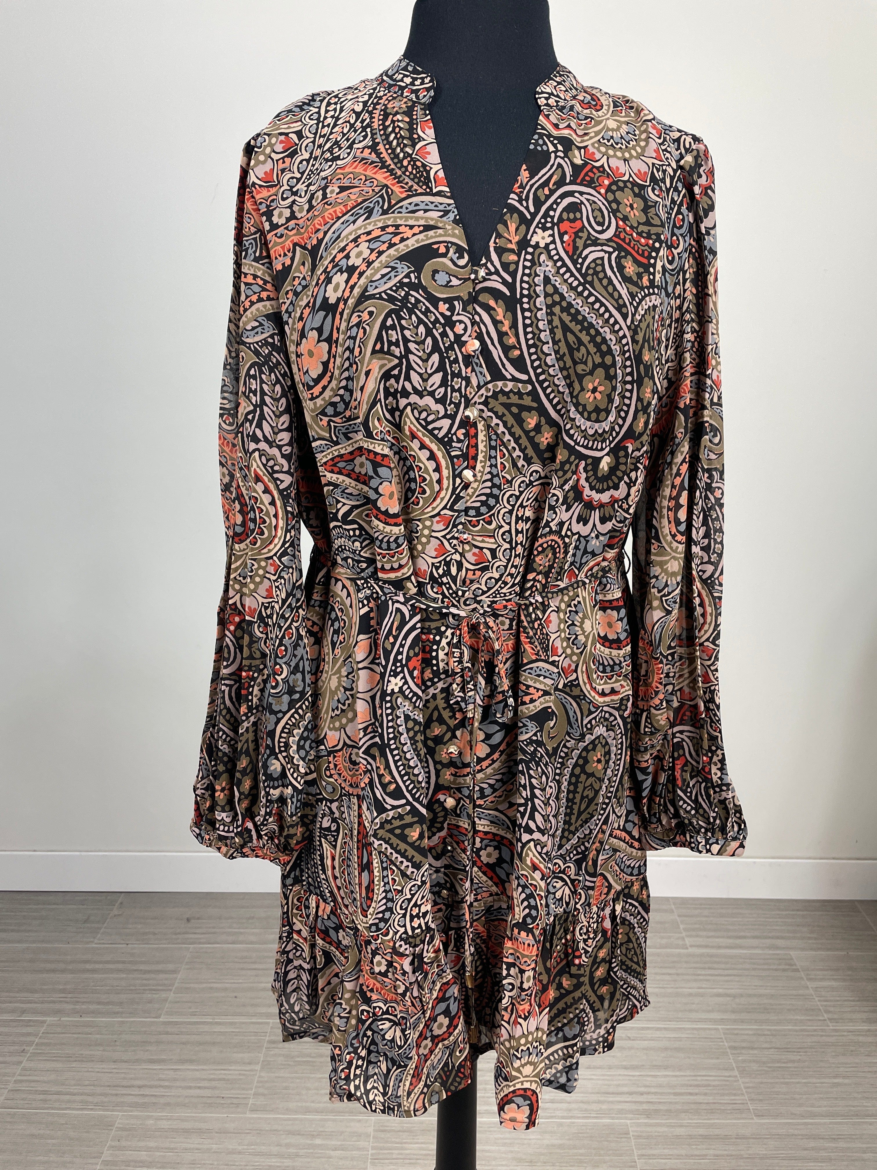 Black & Beige Paisley Ruffle Hem Dress