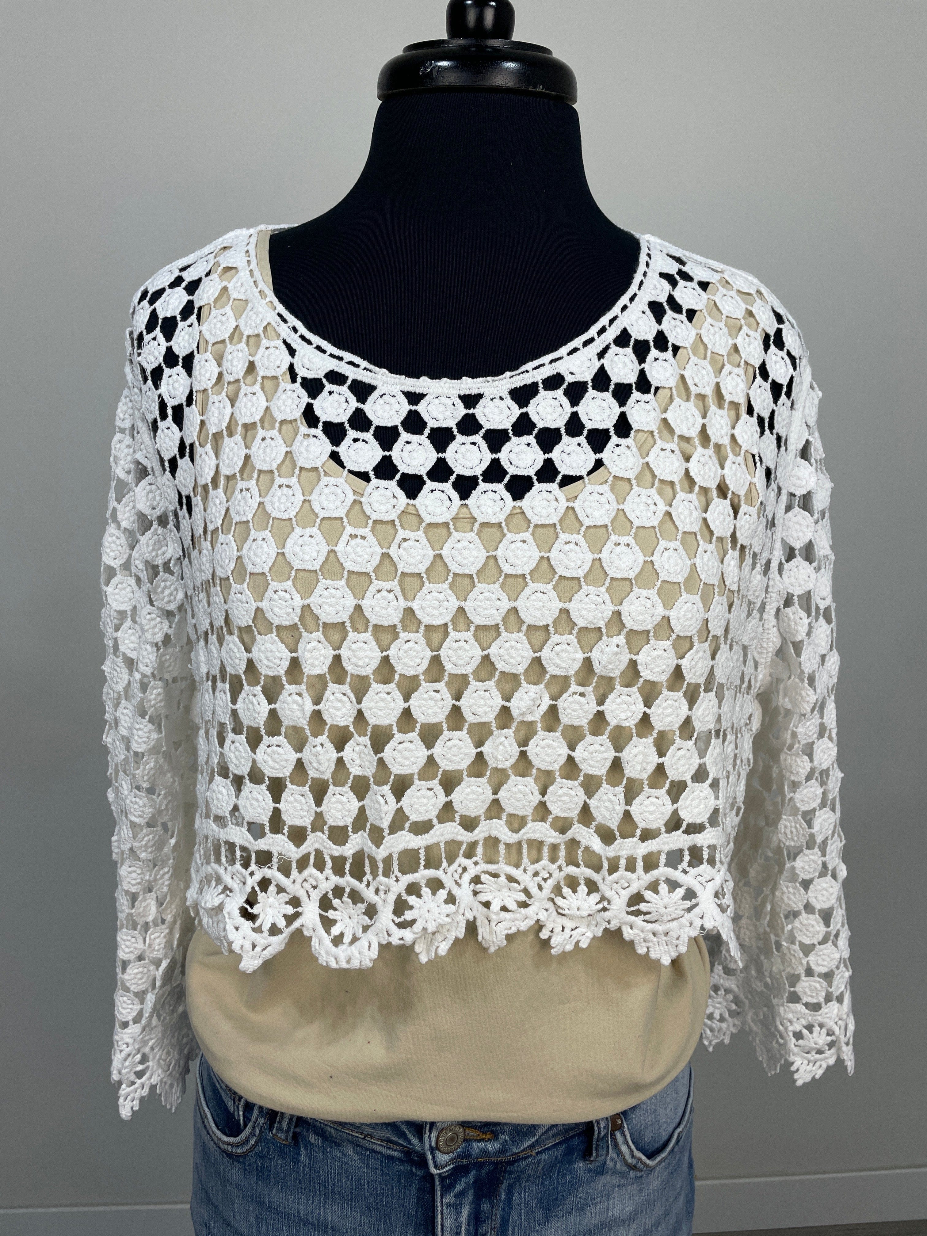 White Long Sleeve Crochet Cropped Top