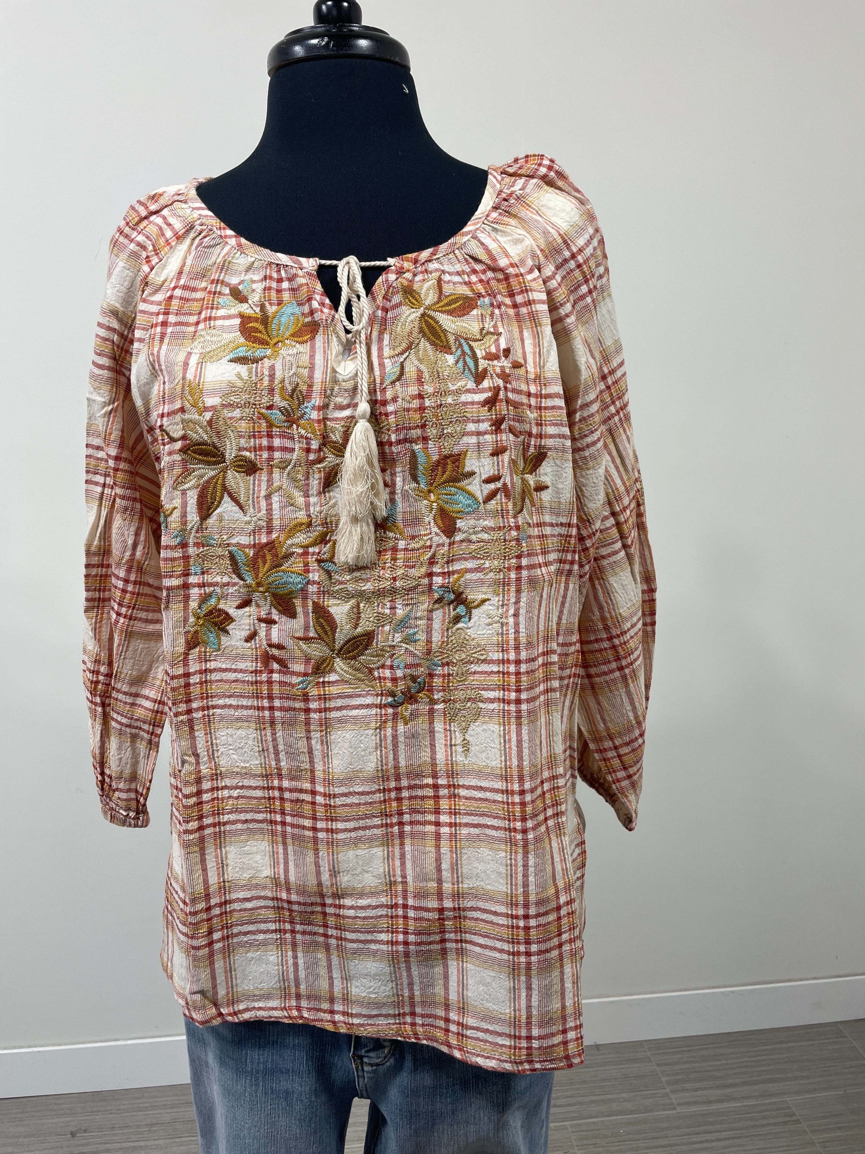 Orange Plaid & Floral Embroidered Tie Neck Blouse