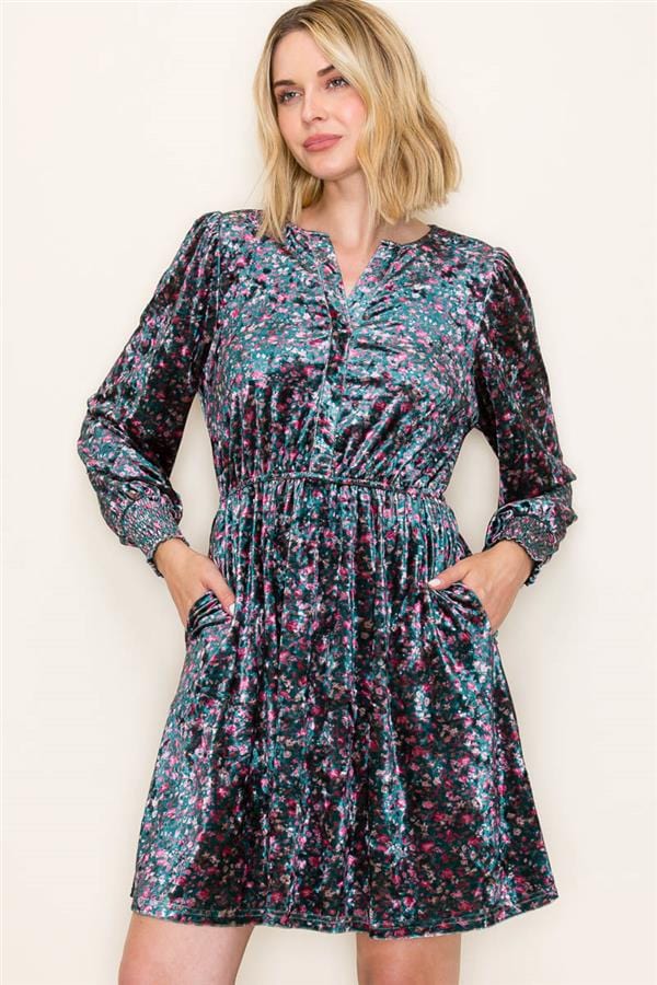 Hunter Green Velvet Floral Smocked Dress