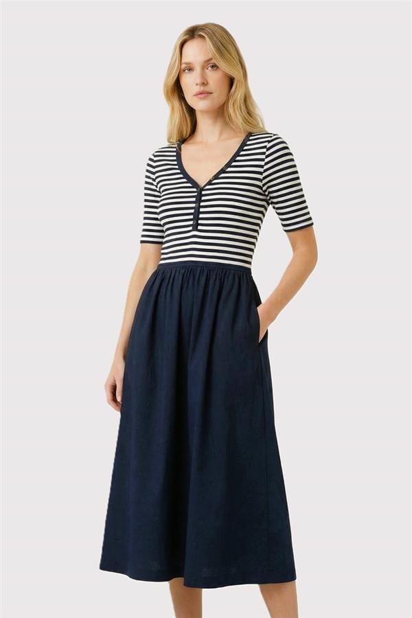 Navy Stripe Half Button Midi Dress