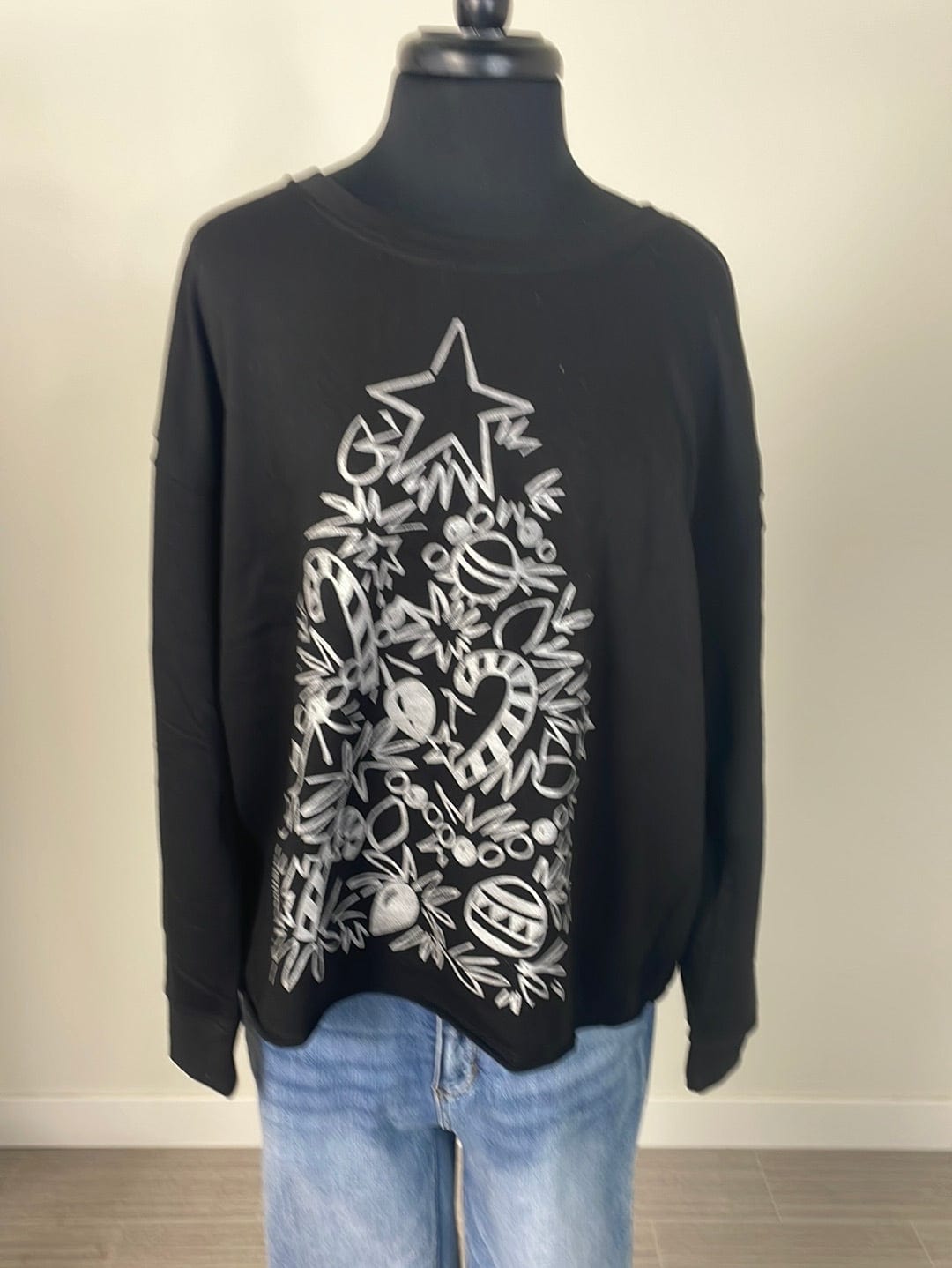 Black & Silver Christmas Tree Drop Shoulder Crew