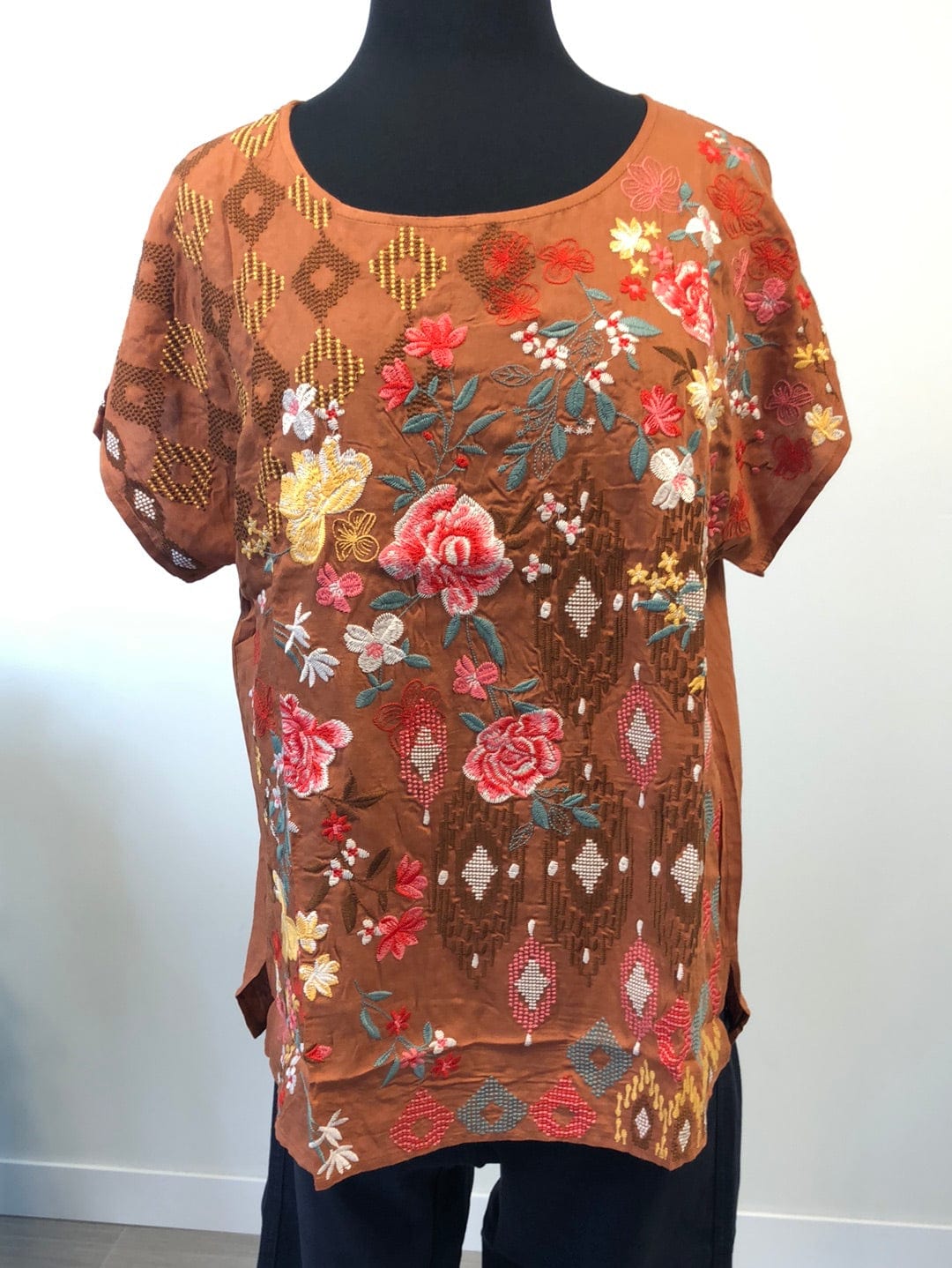 Rust Floral Embroidered Cap Sleeve Top