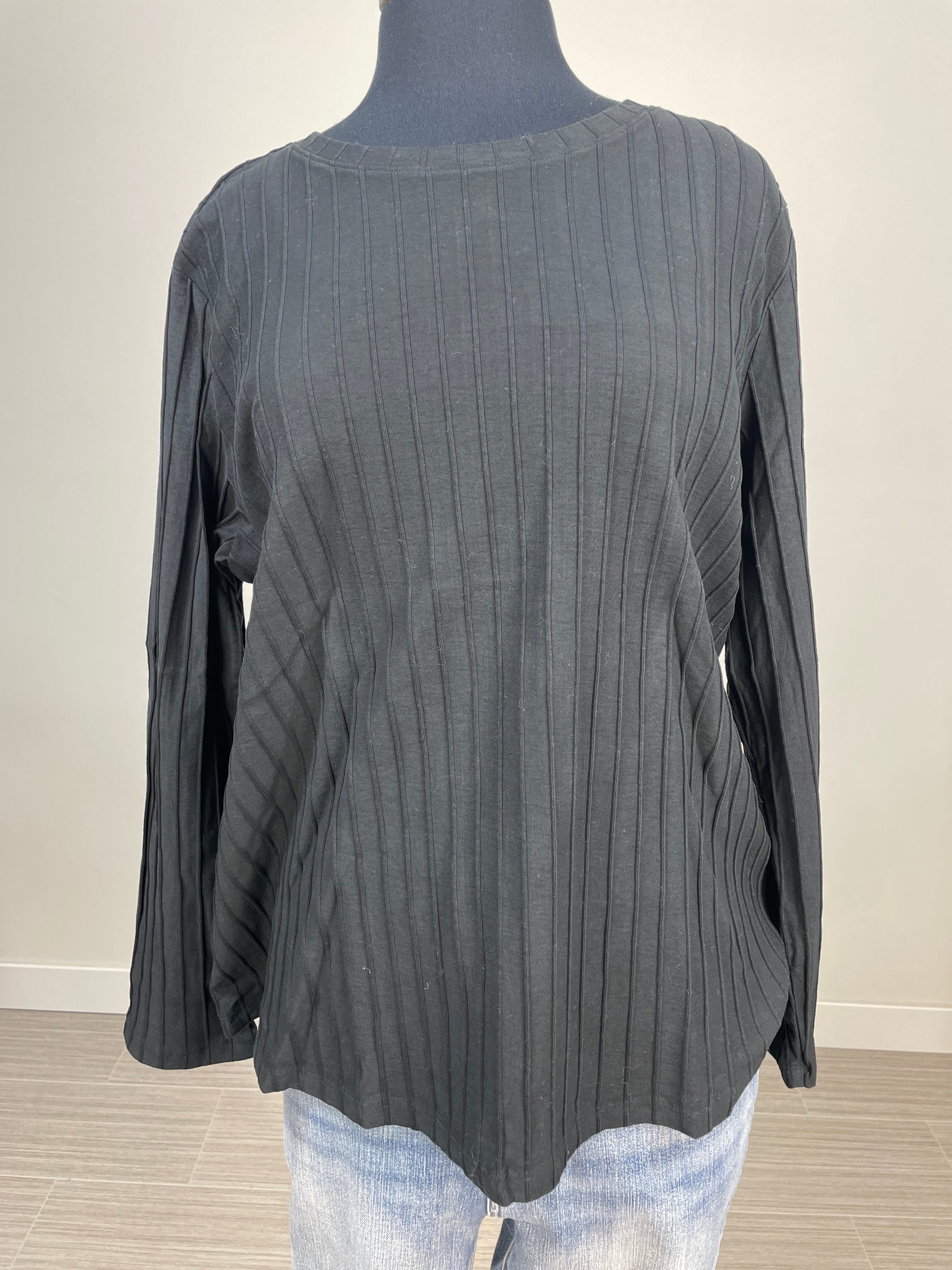 Black Raised Rib Round Neck Top