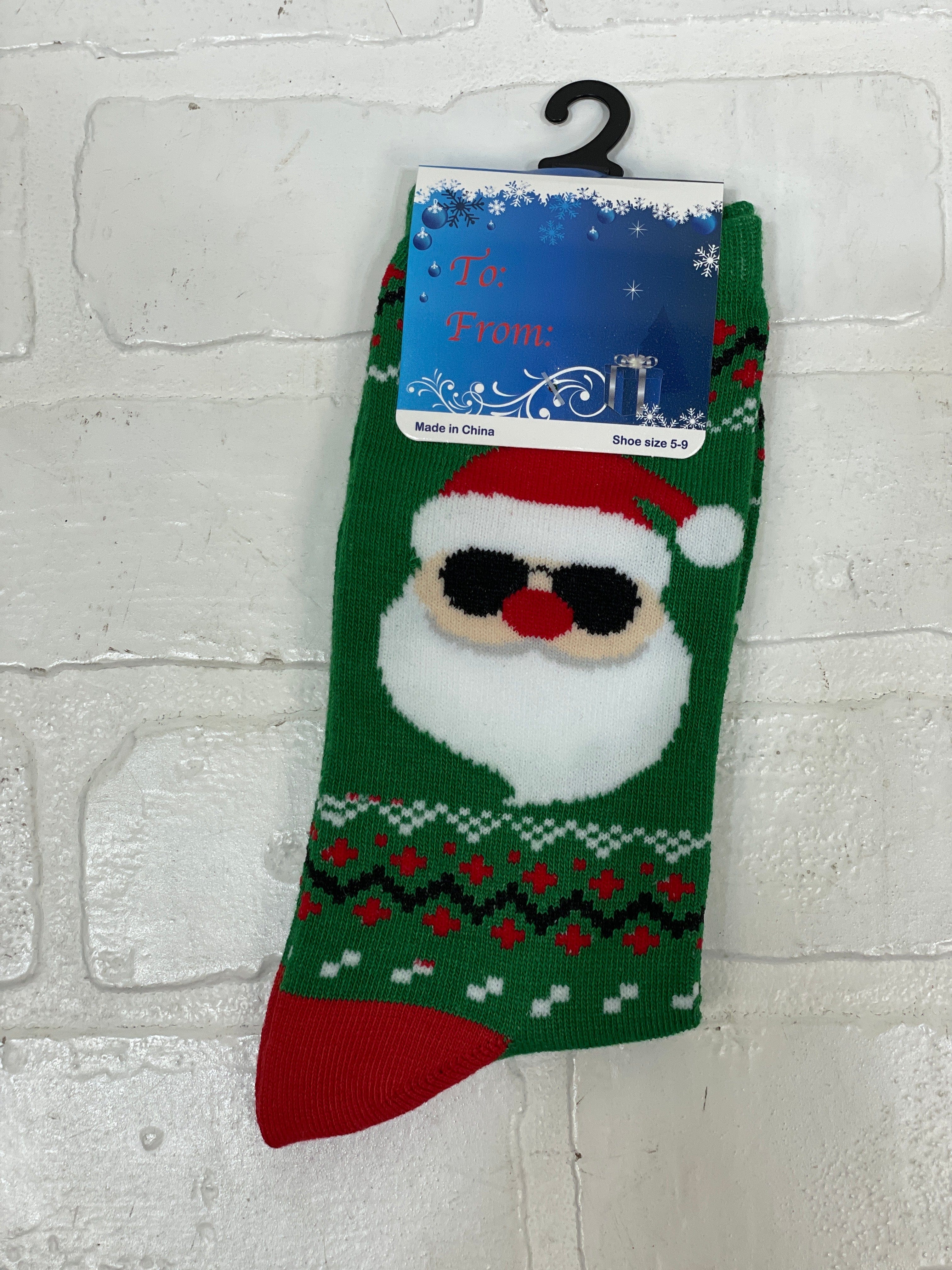 Green & Sunglasses Santa Socks