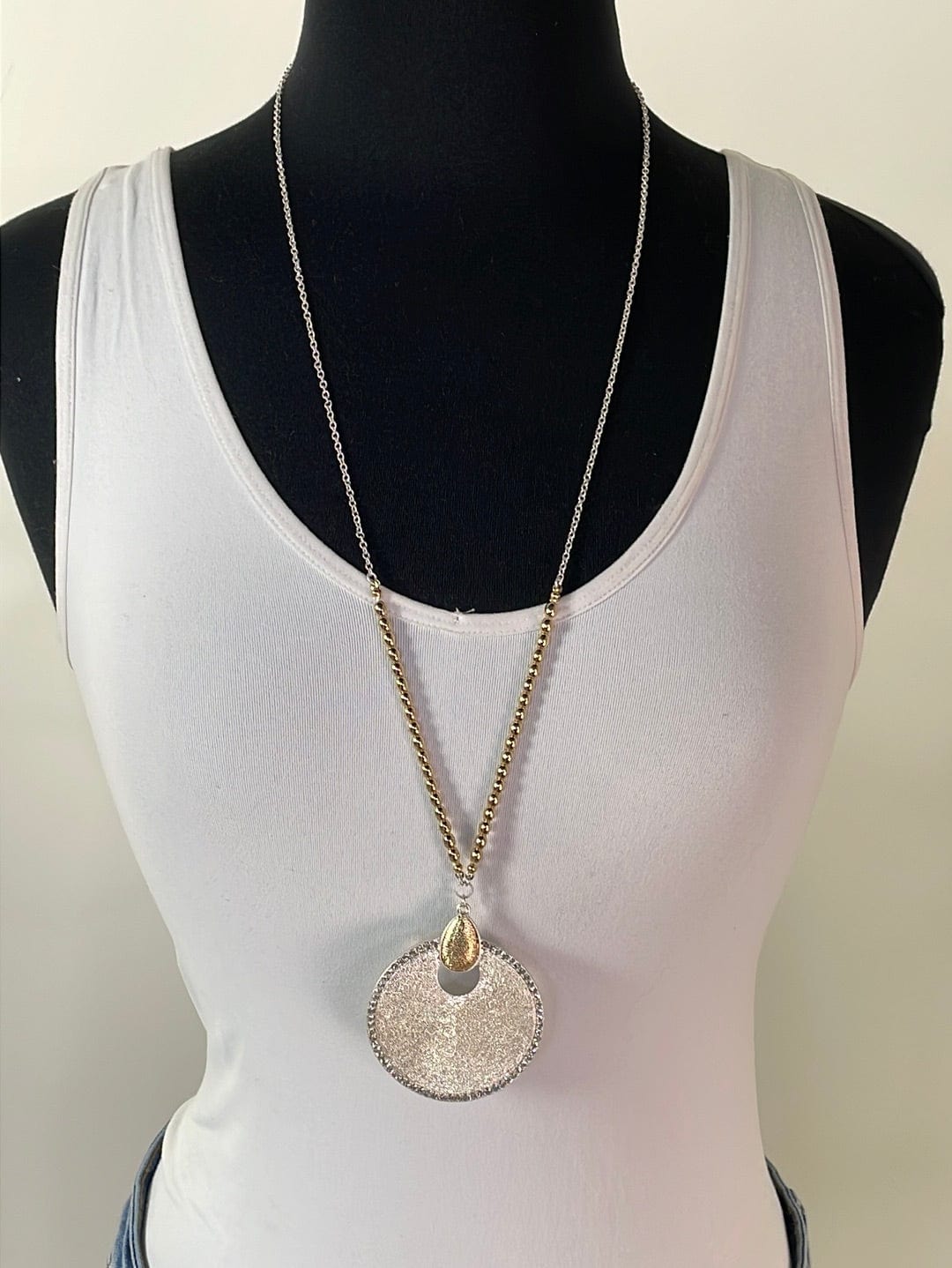 Silver Disc Pendant Necklace W/ Stones