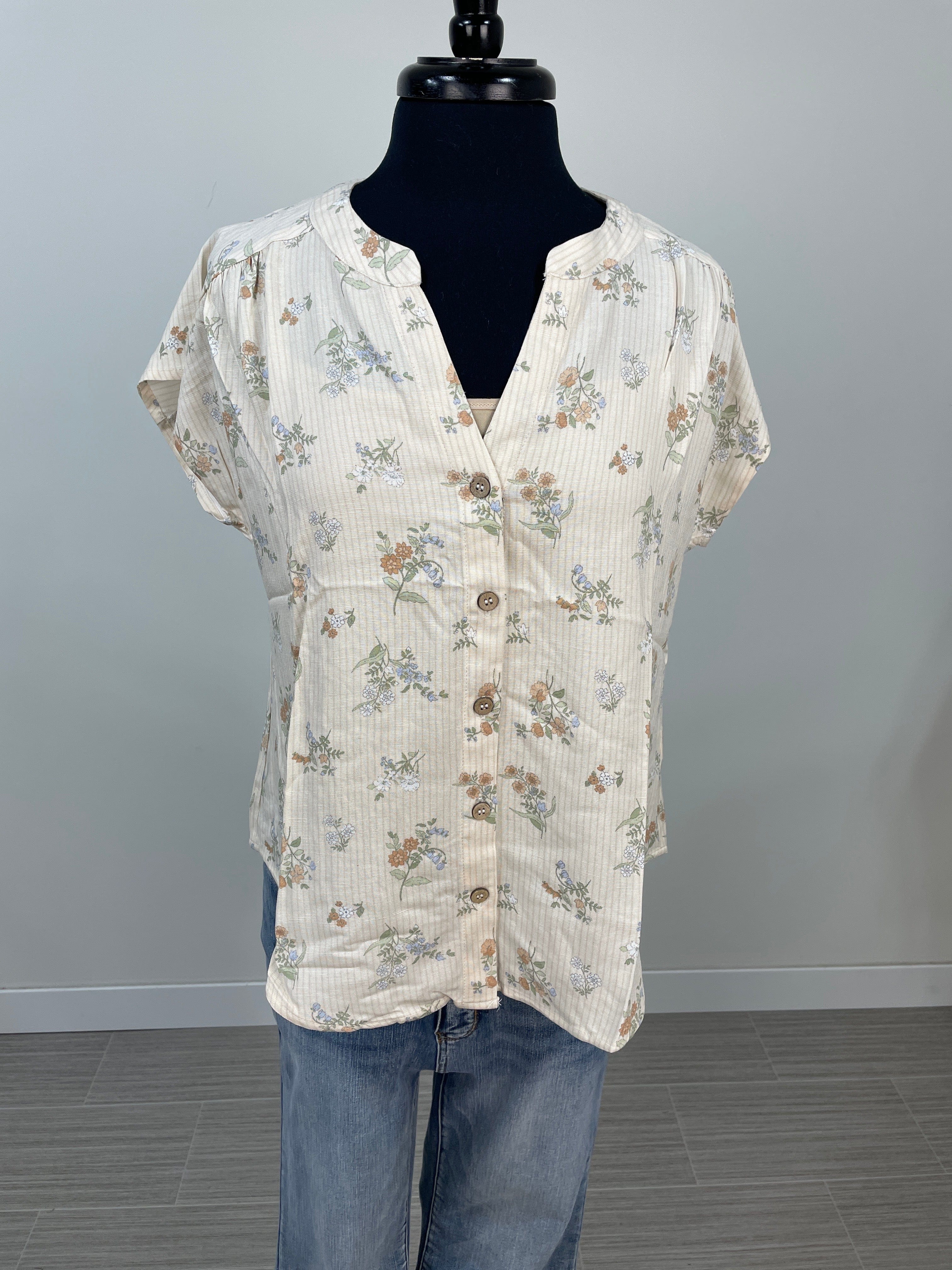 Natural Stripe Floral Button Down Top