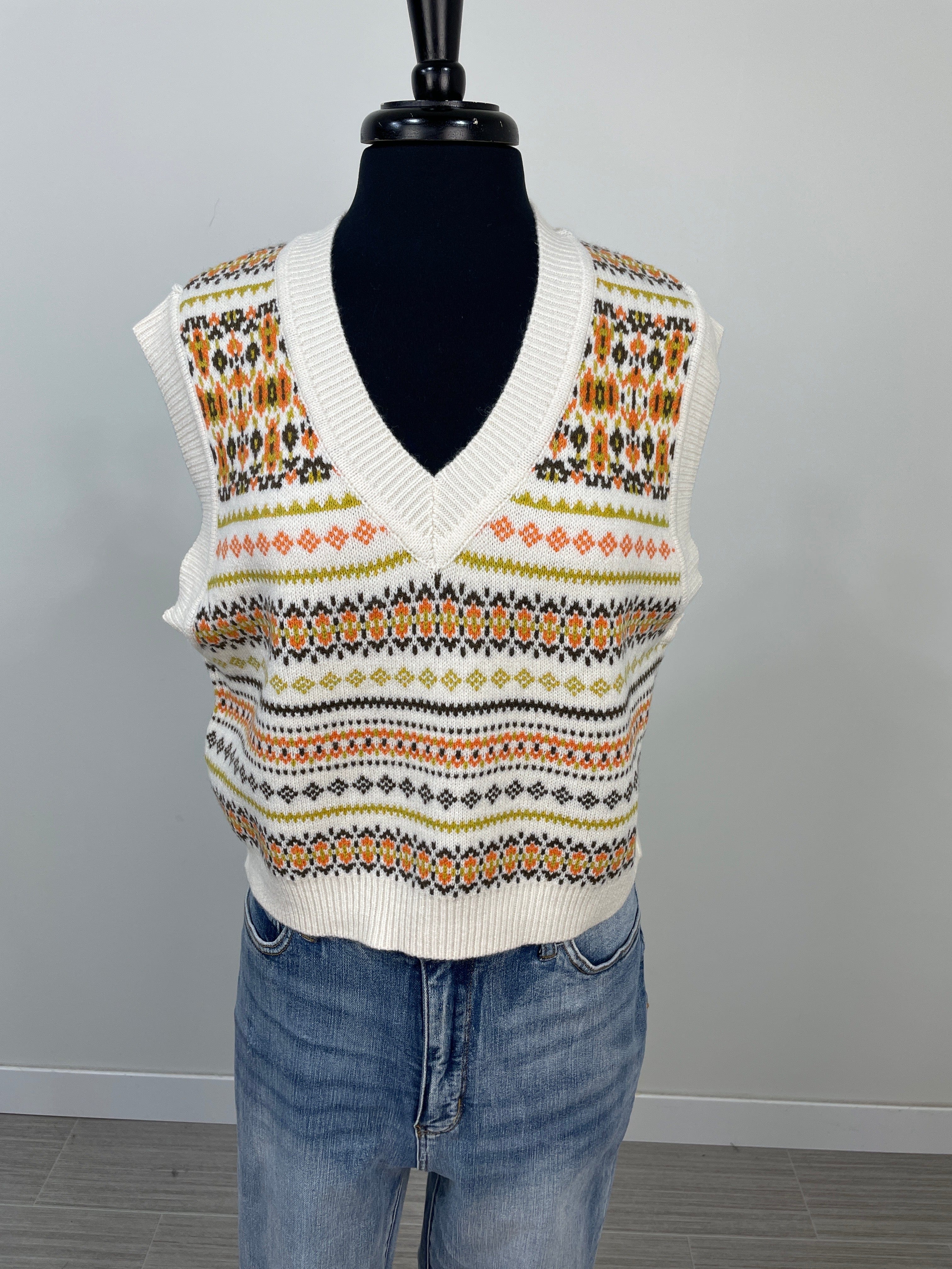 Ivory Multi Print V-Neck Sweater Vest