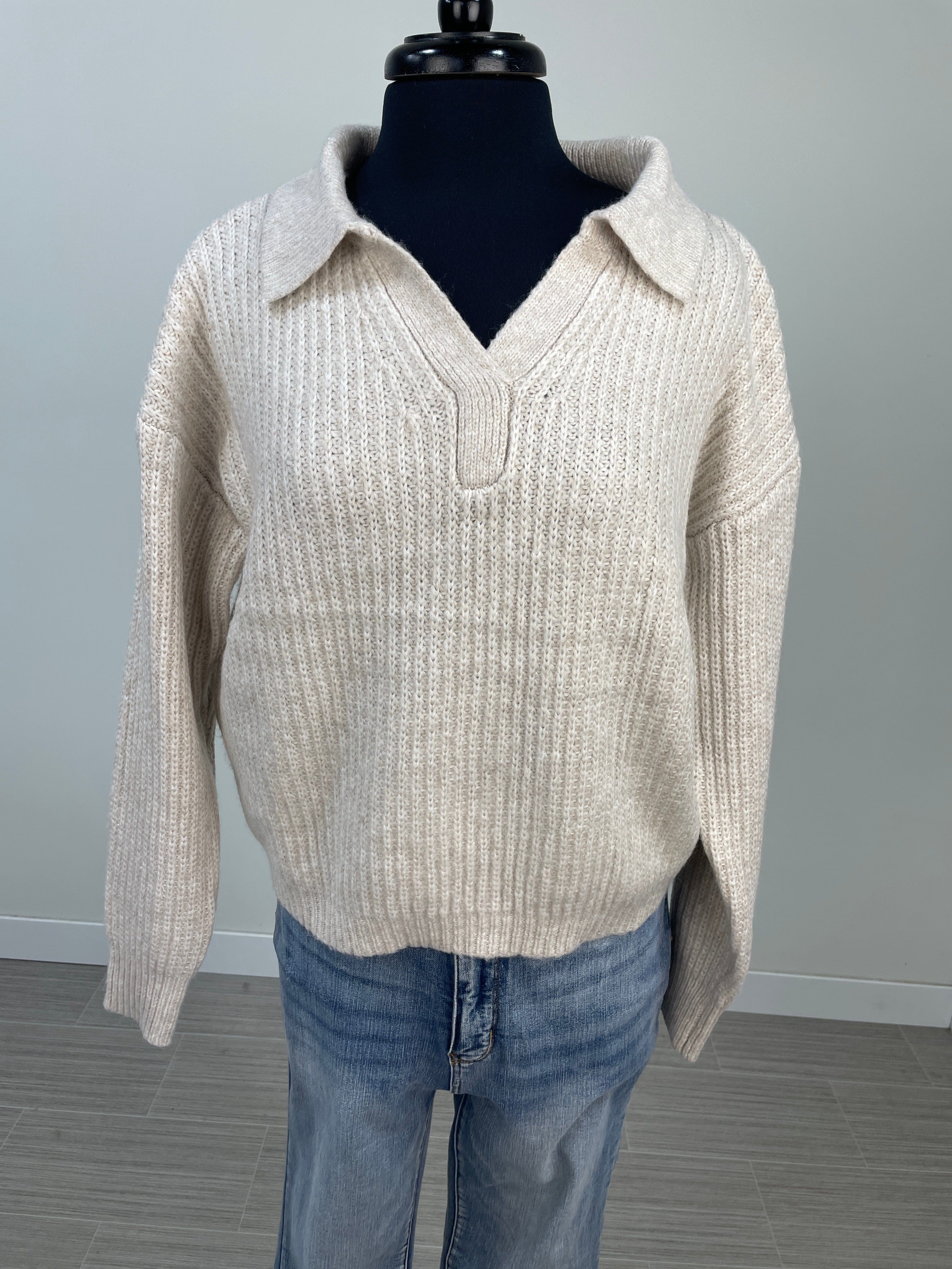 Sand Beige Melange Collared V-Neck Sweater