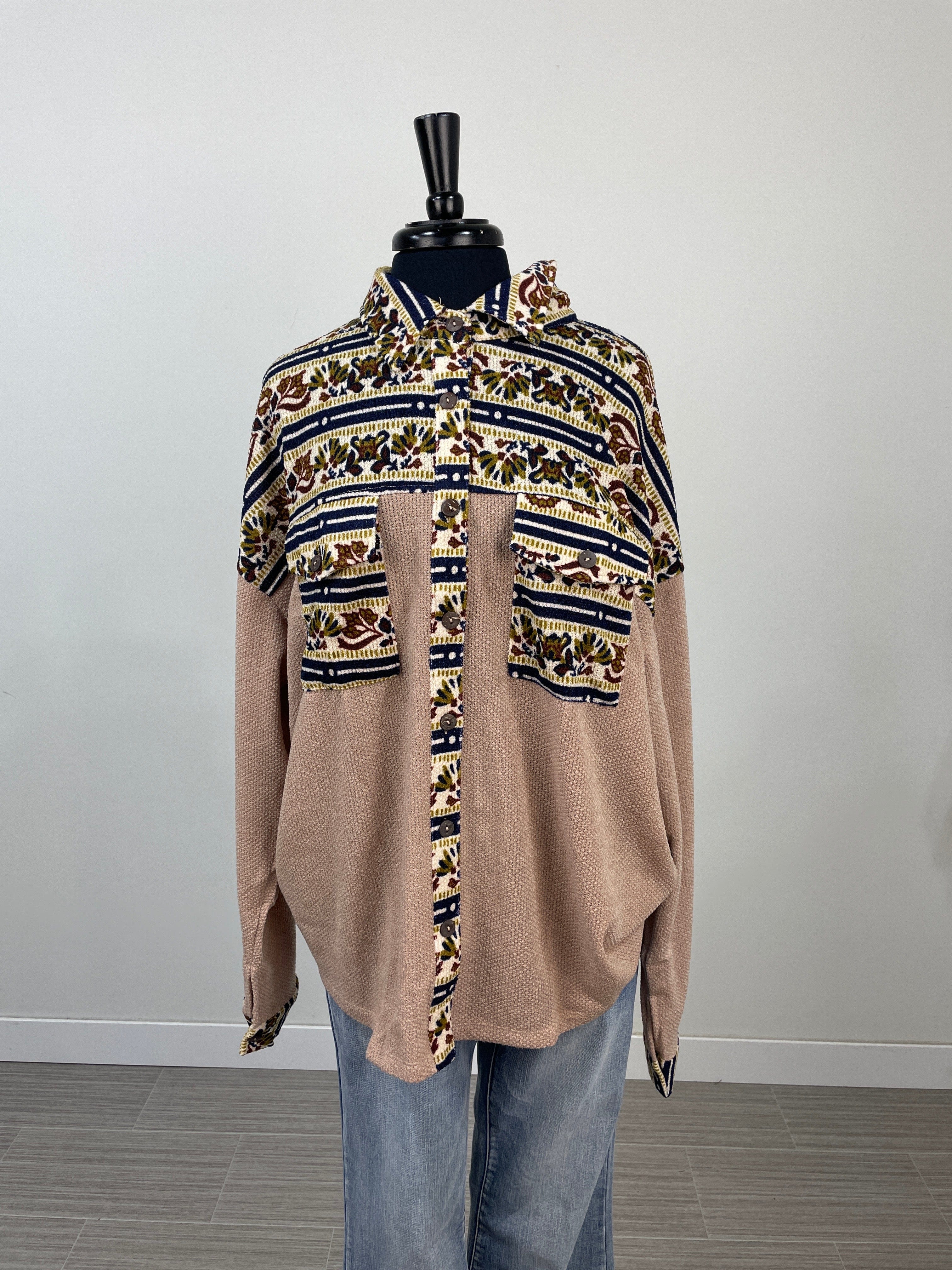 Taupe Multi Print Front Pocket Button Closure Top