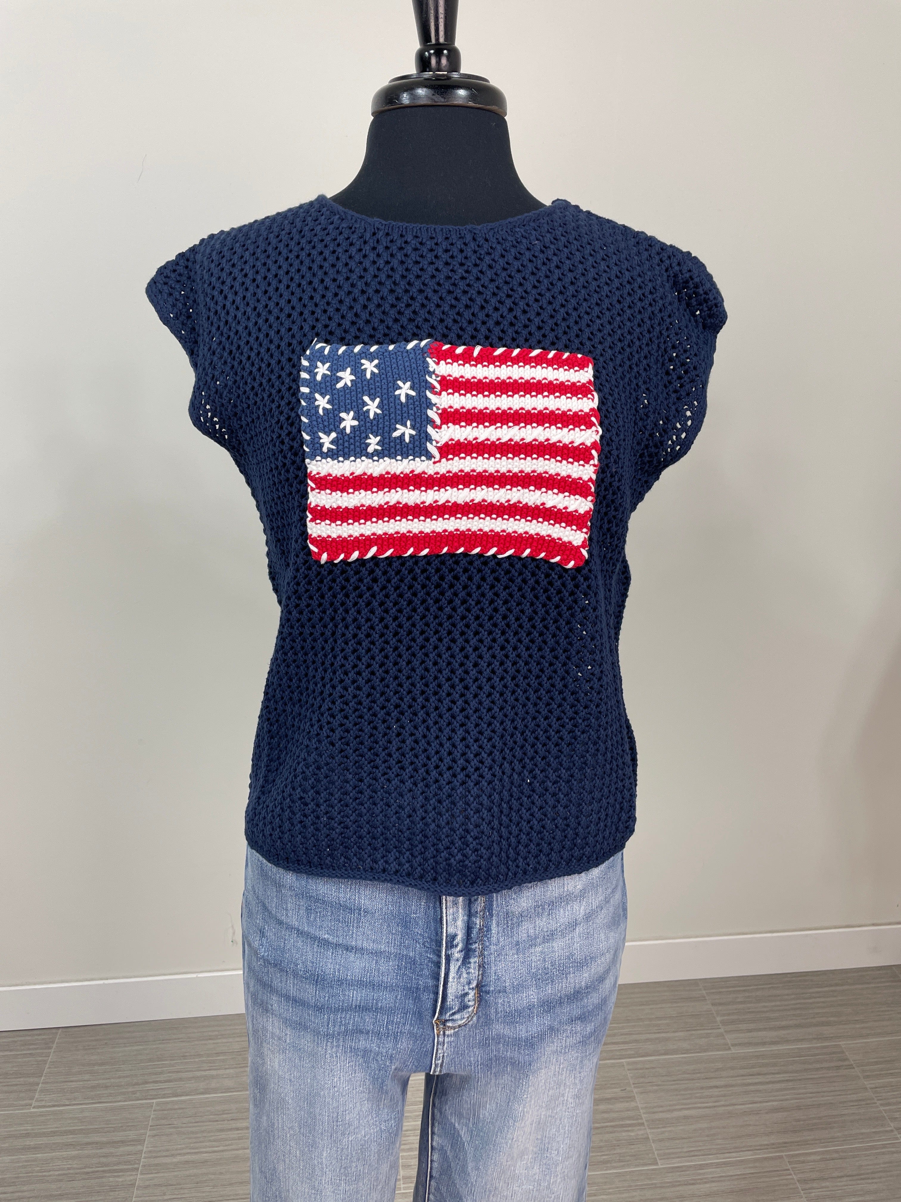 Navy American Flag Crochet Knit Sweater Top