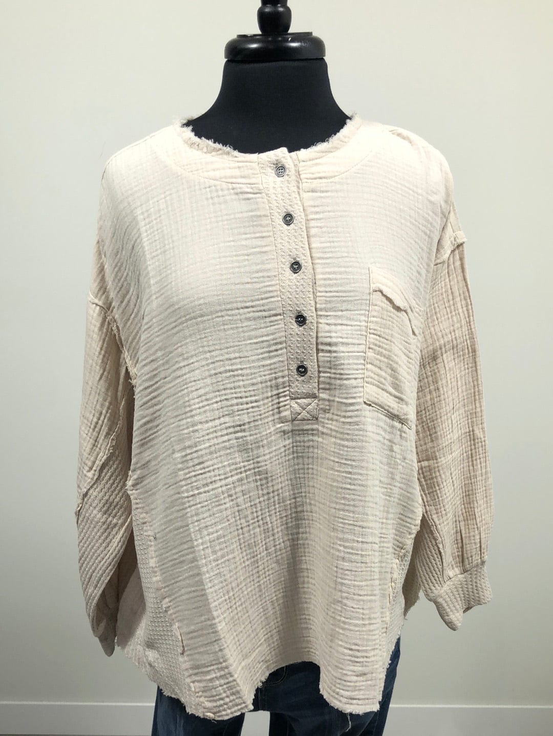 Sand Gauze Oversized Button Henley Top