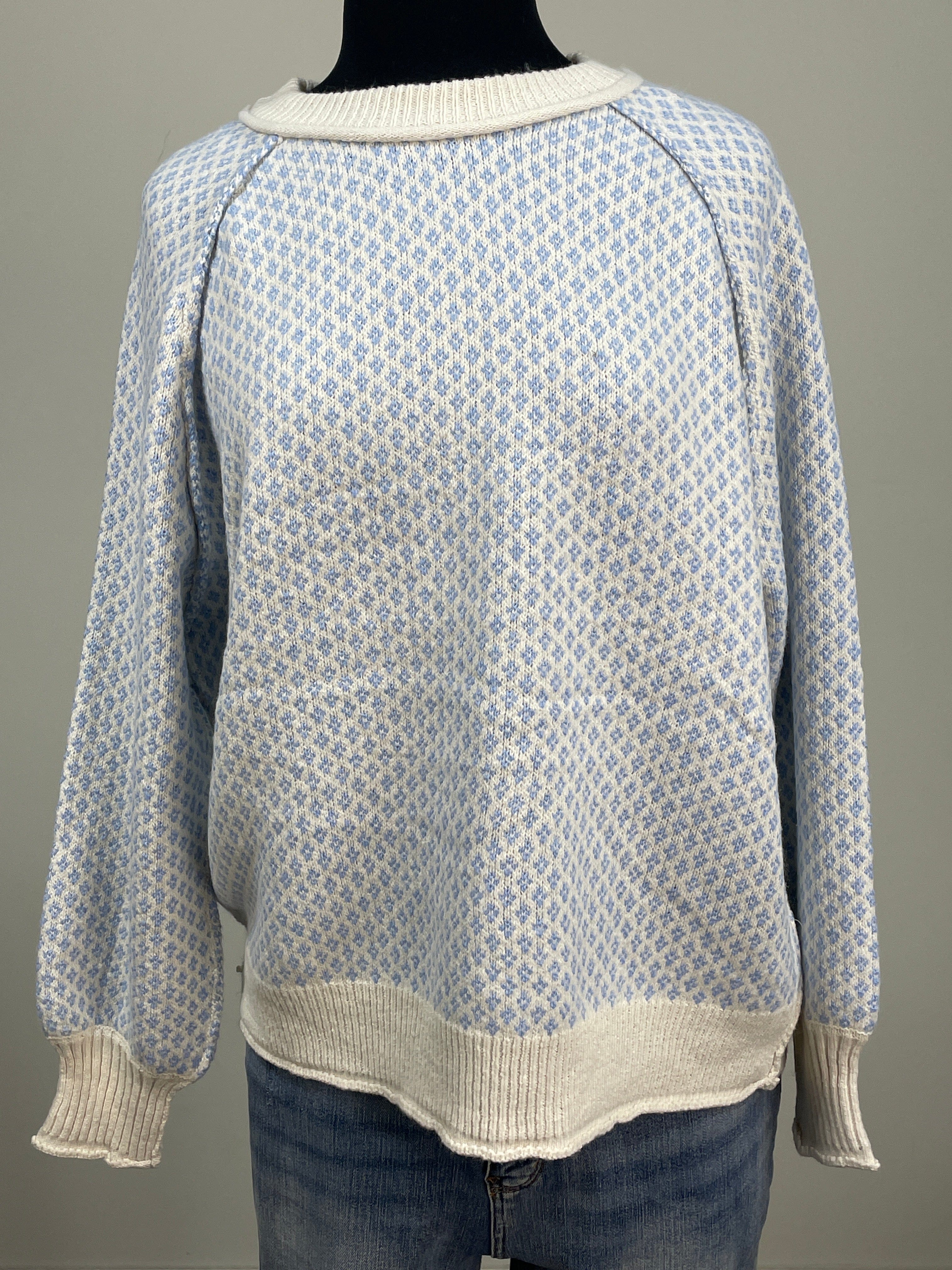Chambray Texture Raglan Crew Neck Sweater