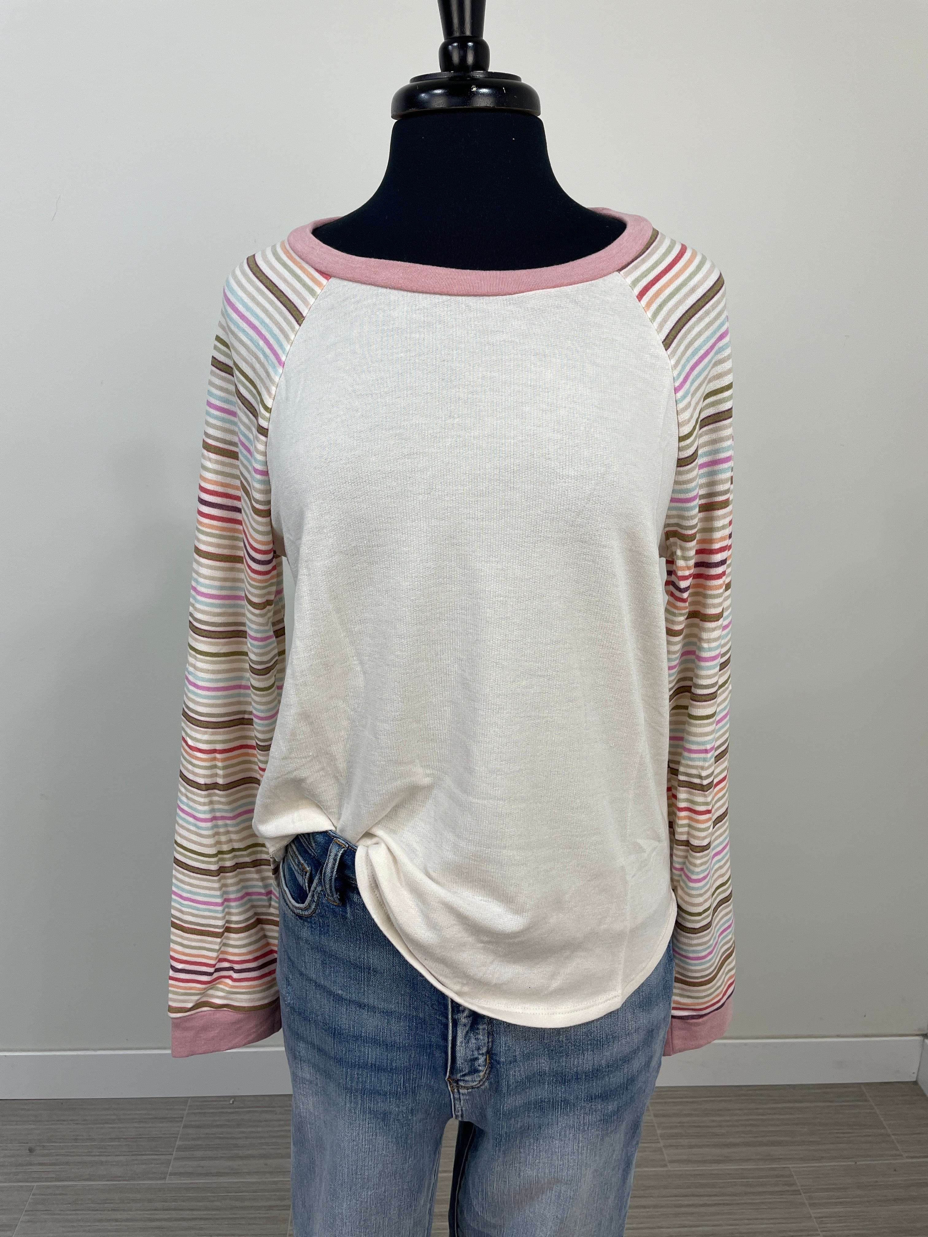 Oat With Pink Mix Stripe Raglan Top