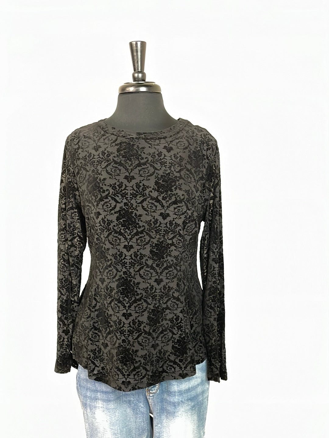 Black Velvet Printed Flared Hem Blouse