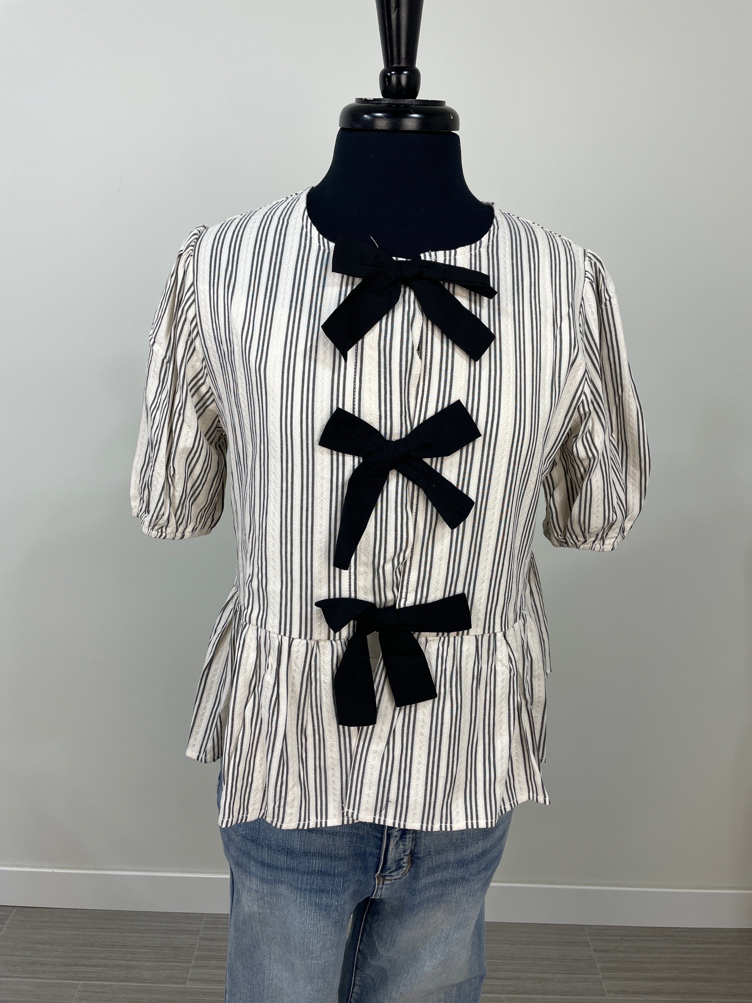 Black Front Tie Detail Striped Blouse