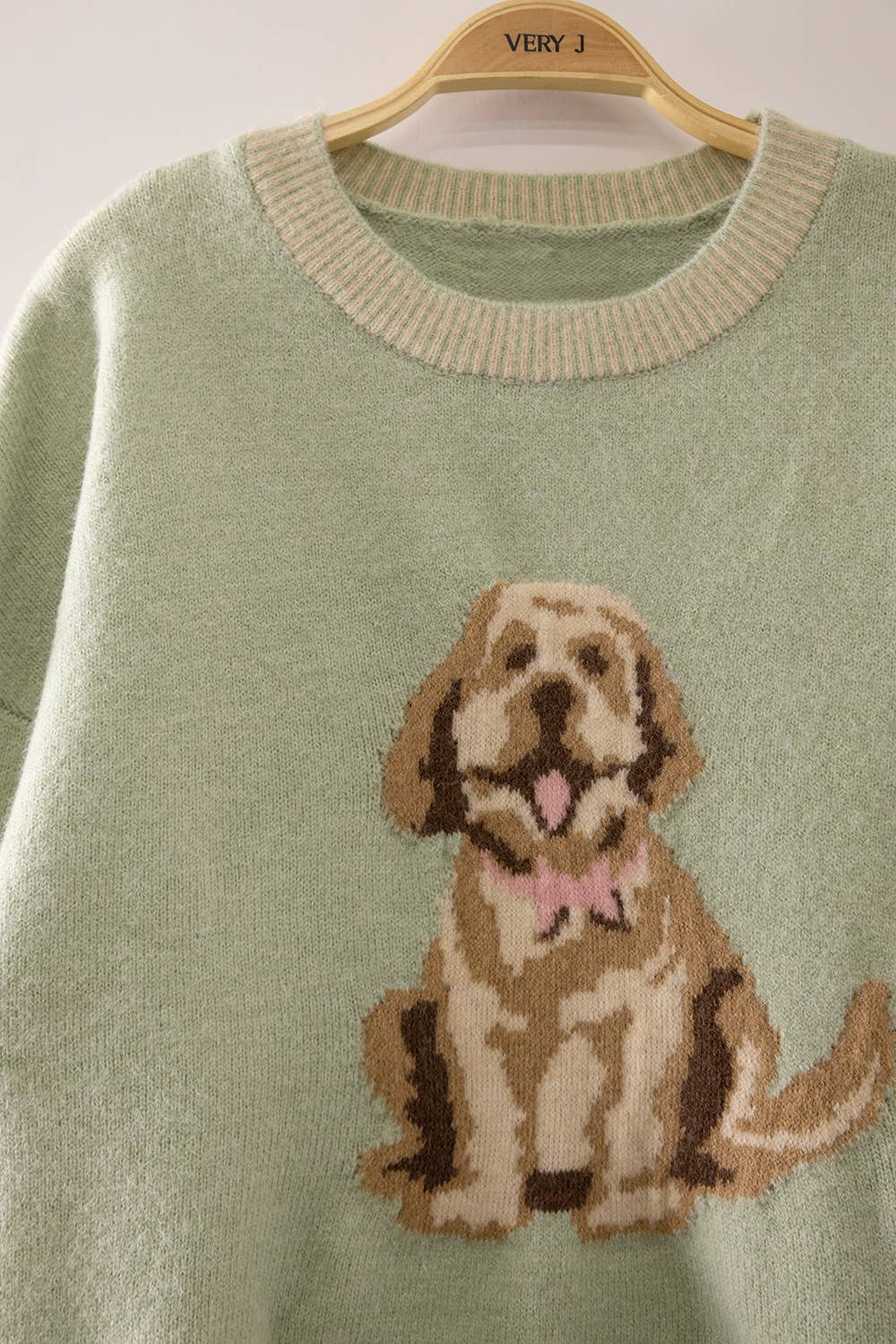 Sage Cute Dog Intarsia Knit Sweater Detailed