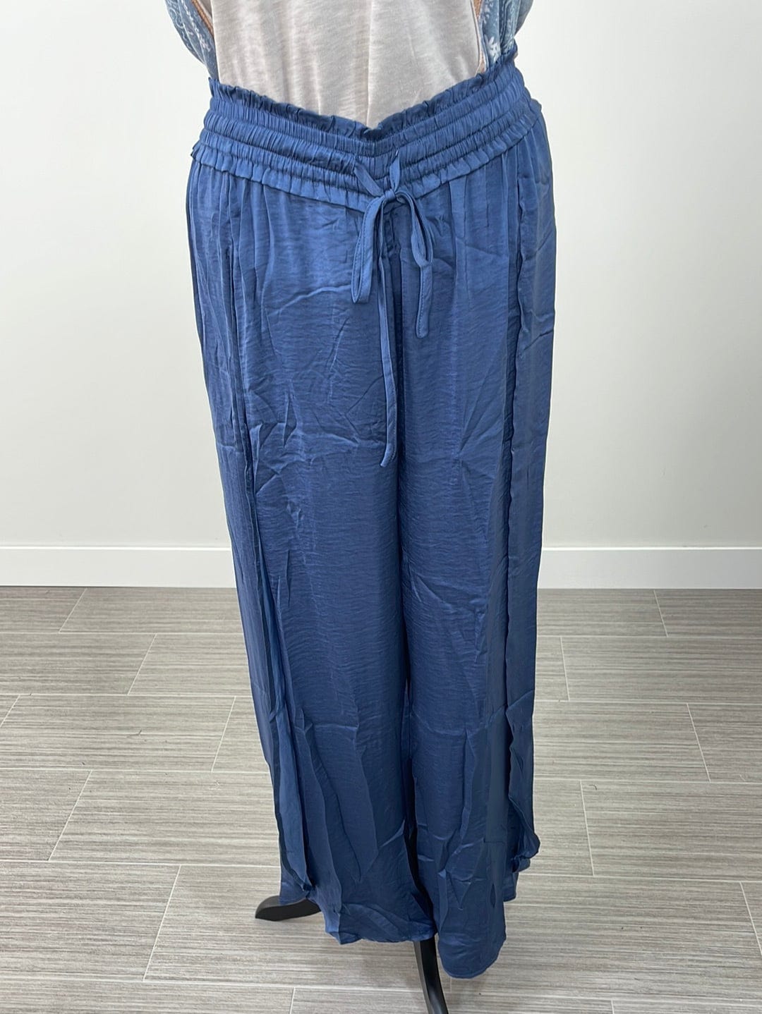 Blue Curtain Hem Hammered Satin Pants