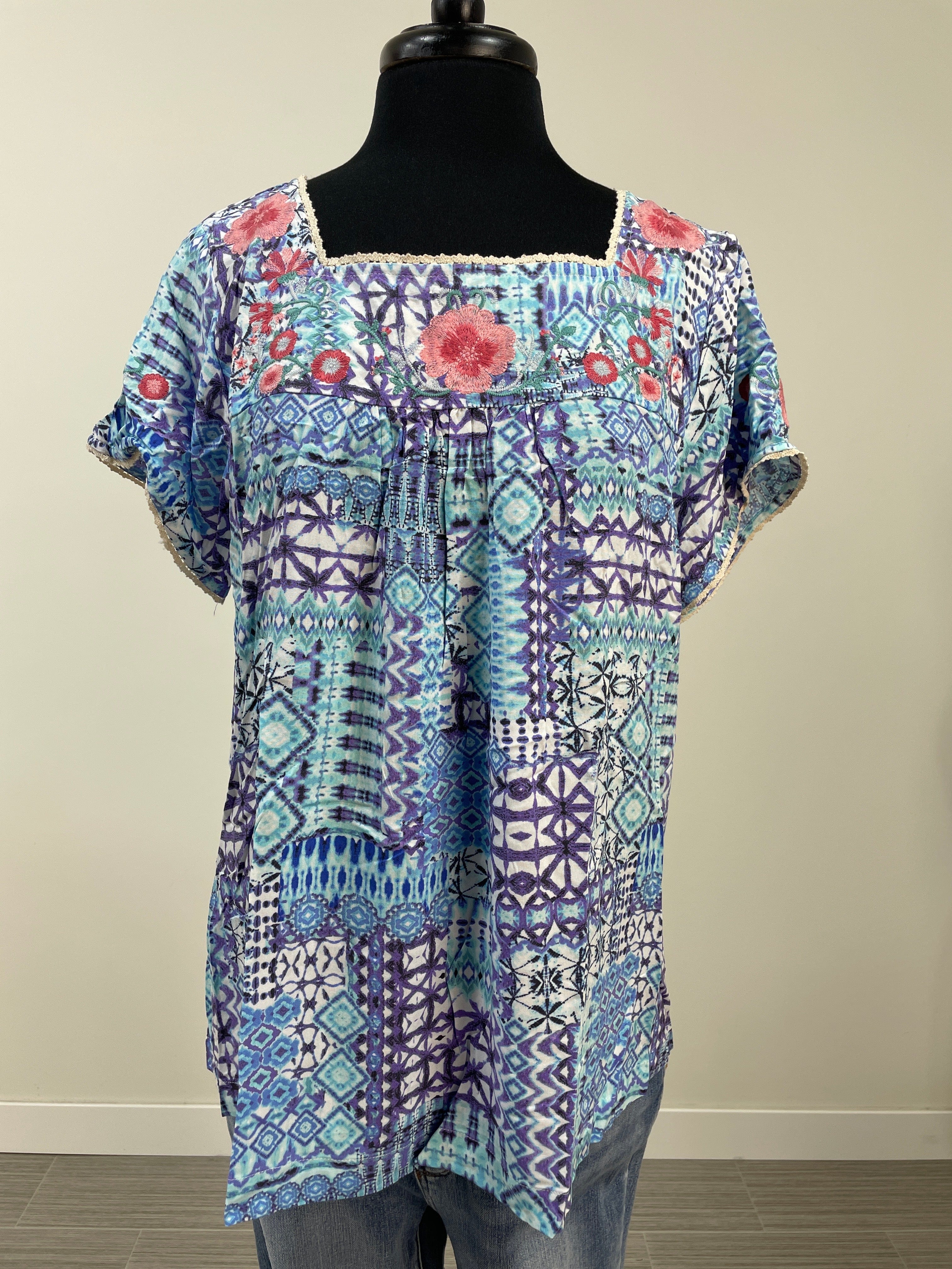 Blue & Purple with Pink Embroidery Top