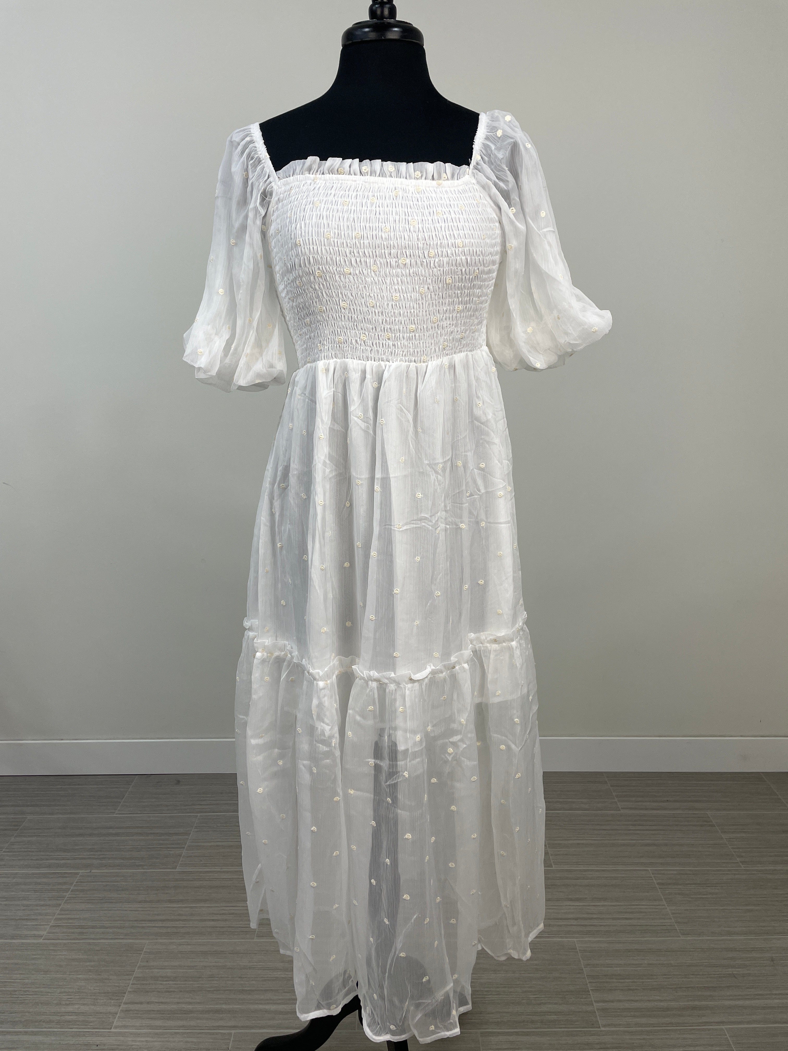 Ivory Square Neck Smock Detail Maxi Dress