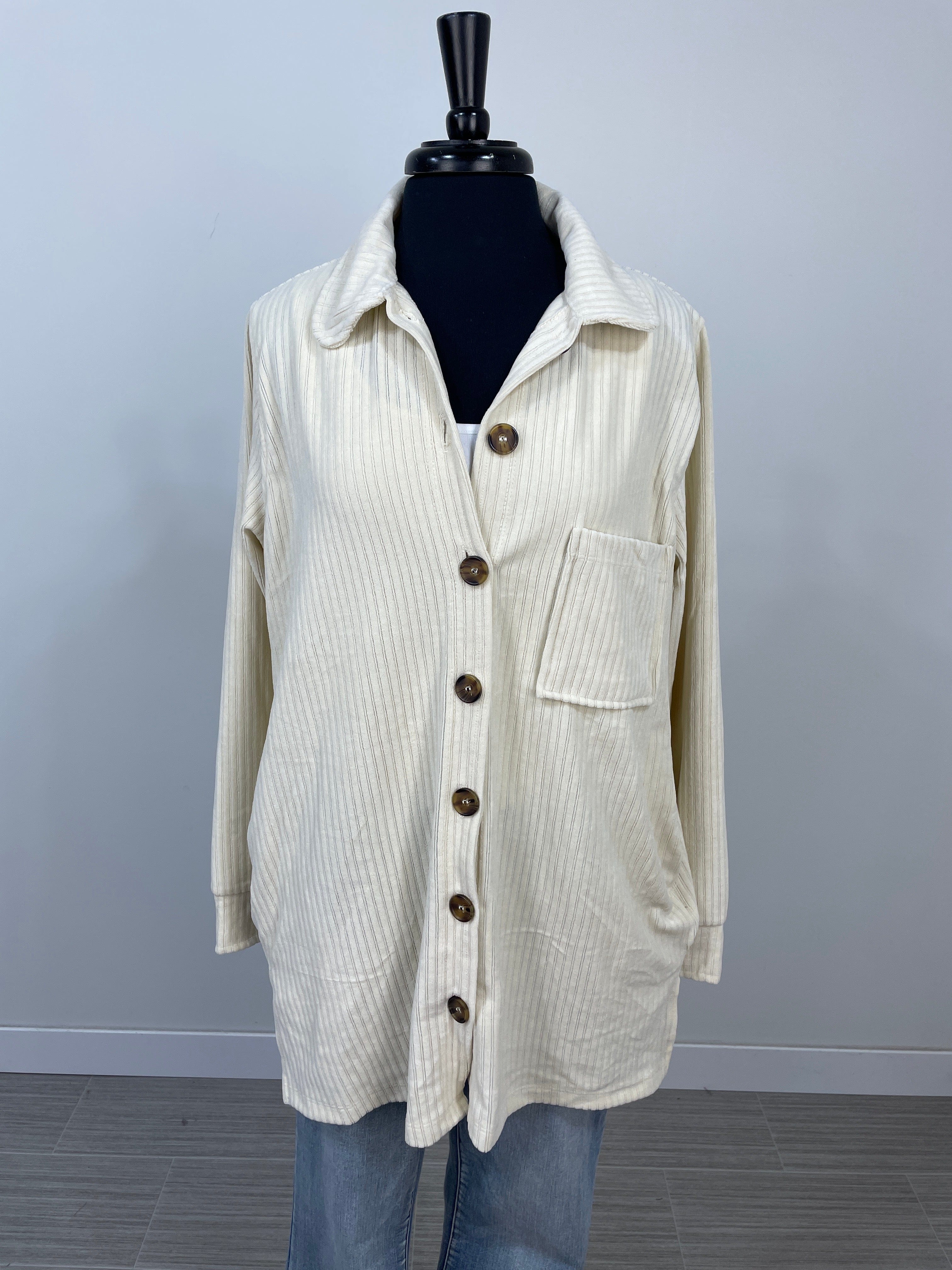 Cream Ribbed Button Long Shacket