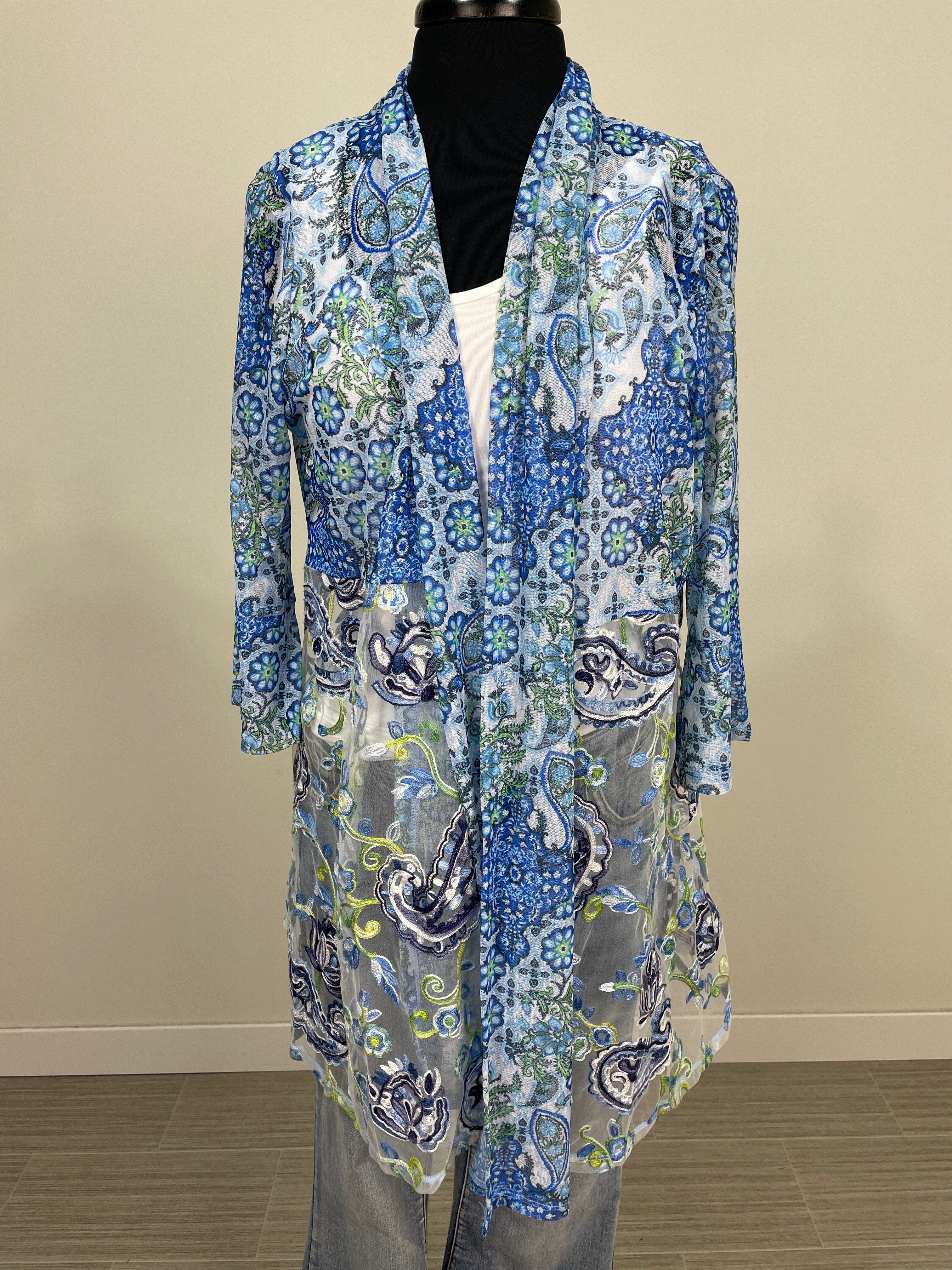 Blue & Green Paisley Print Mesh Cardigan
