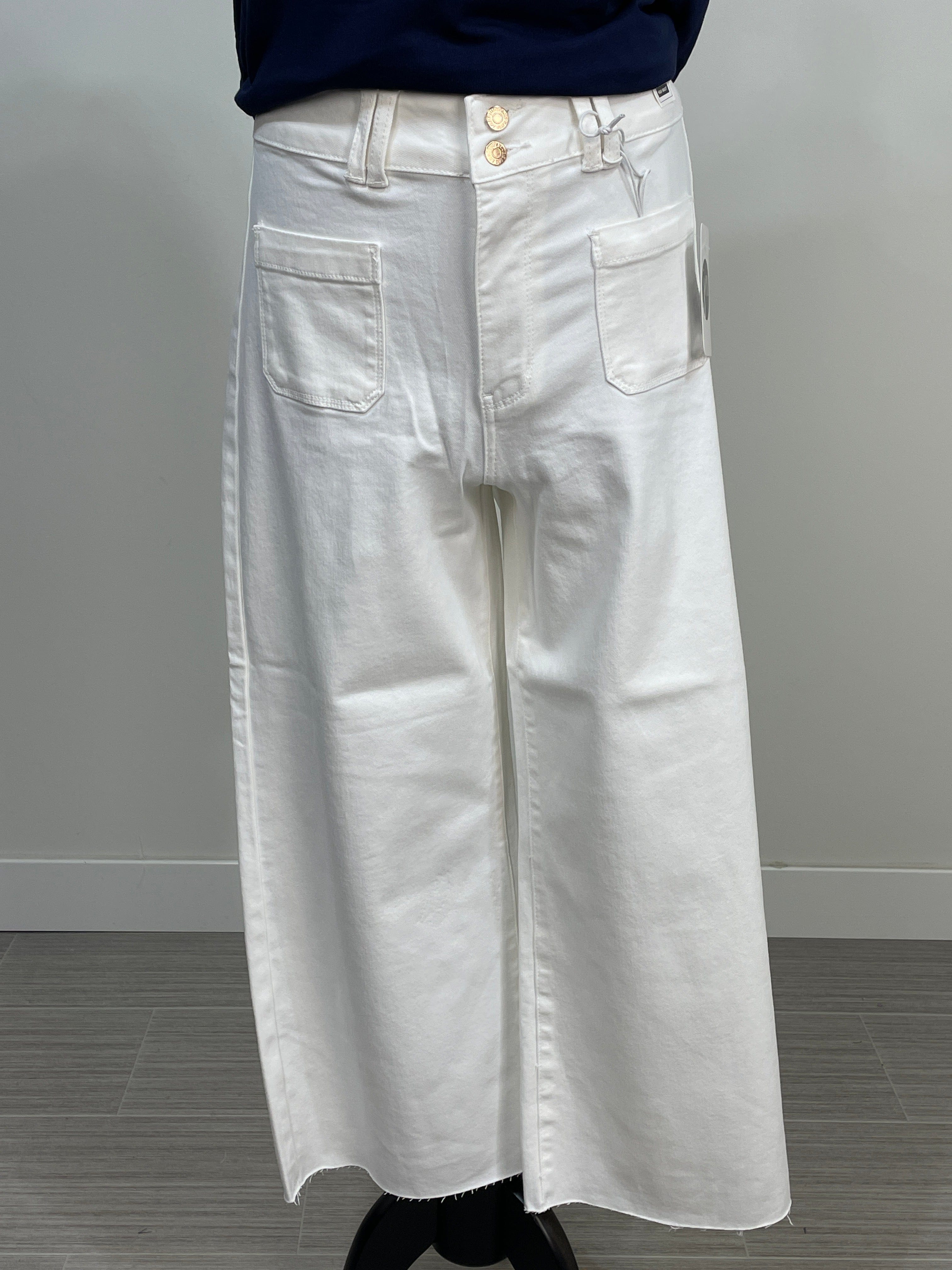 White High Waist Front Patch Pocket Wide Crop Denim