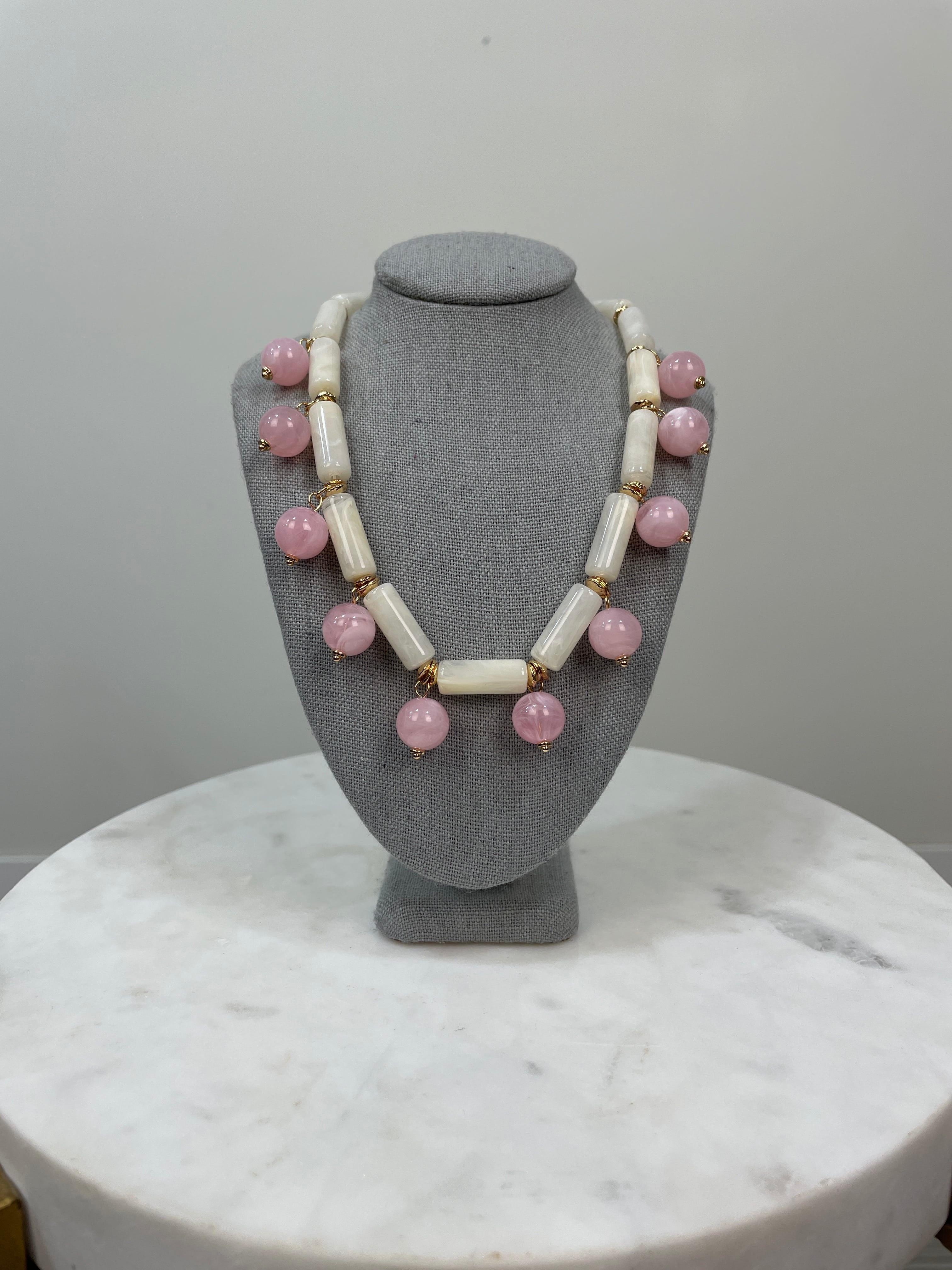 Ivory & Pink Tube Bead Necklace