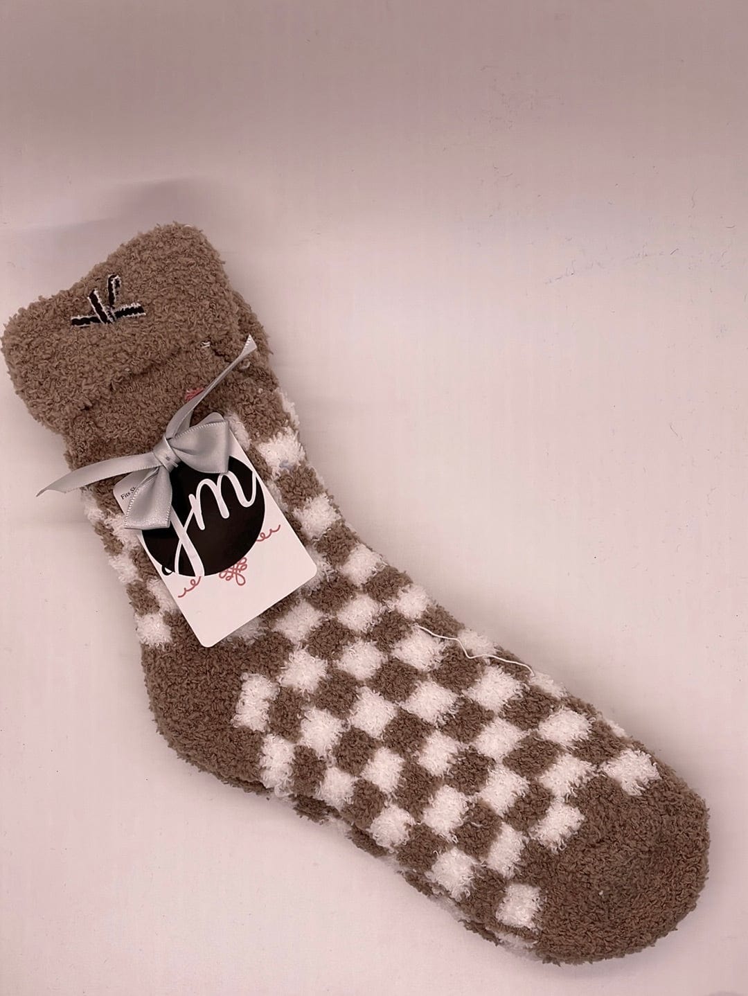 Tan Checkered Cozy Crew Sock