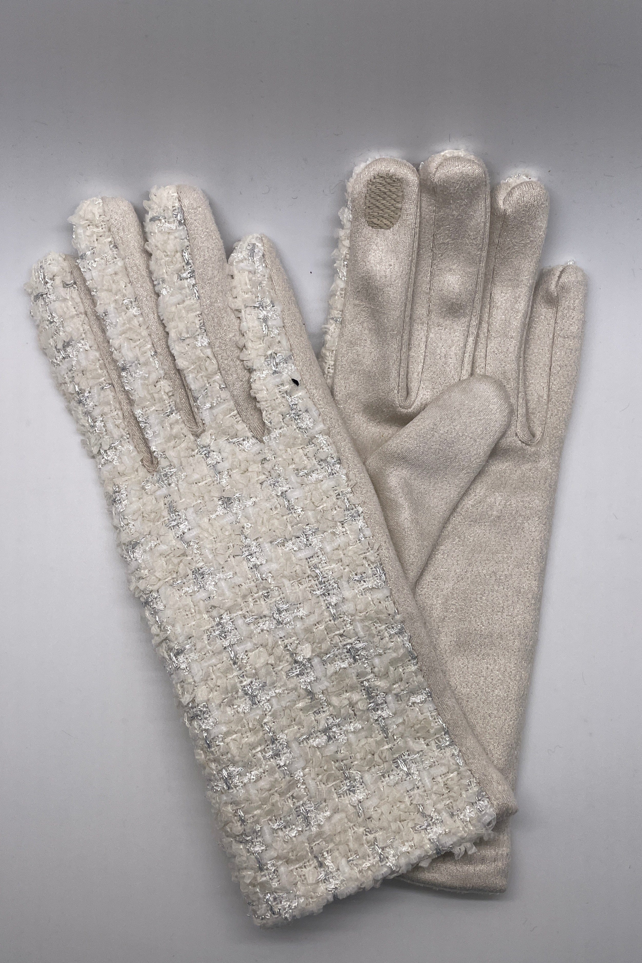 White Shimmering Tweed Faux Suede Gloves