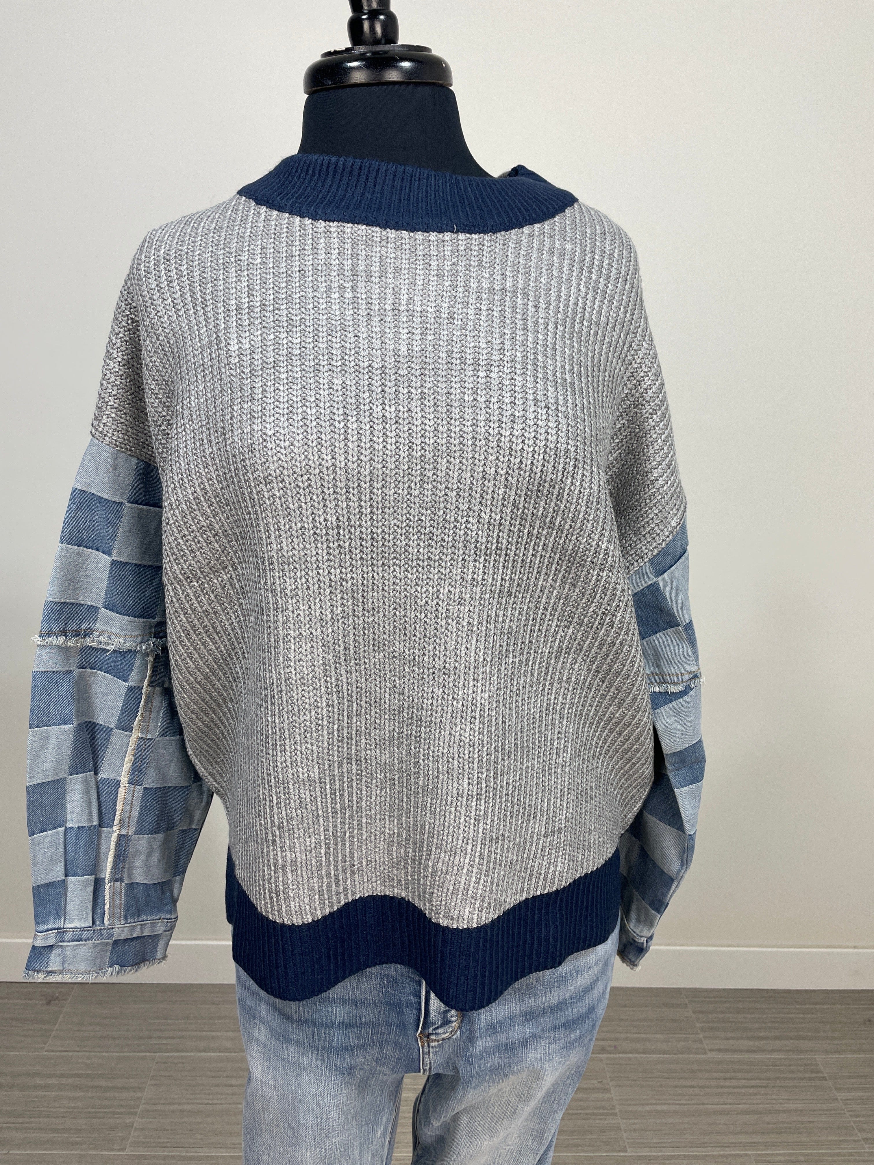Grey Sweater With Denim Checker Sleeves