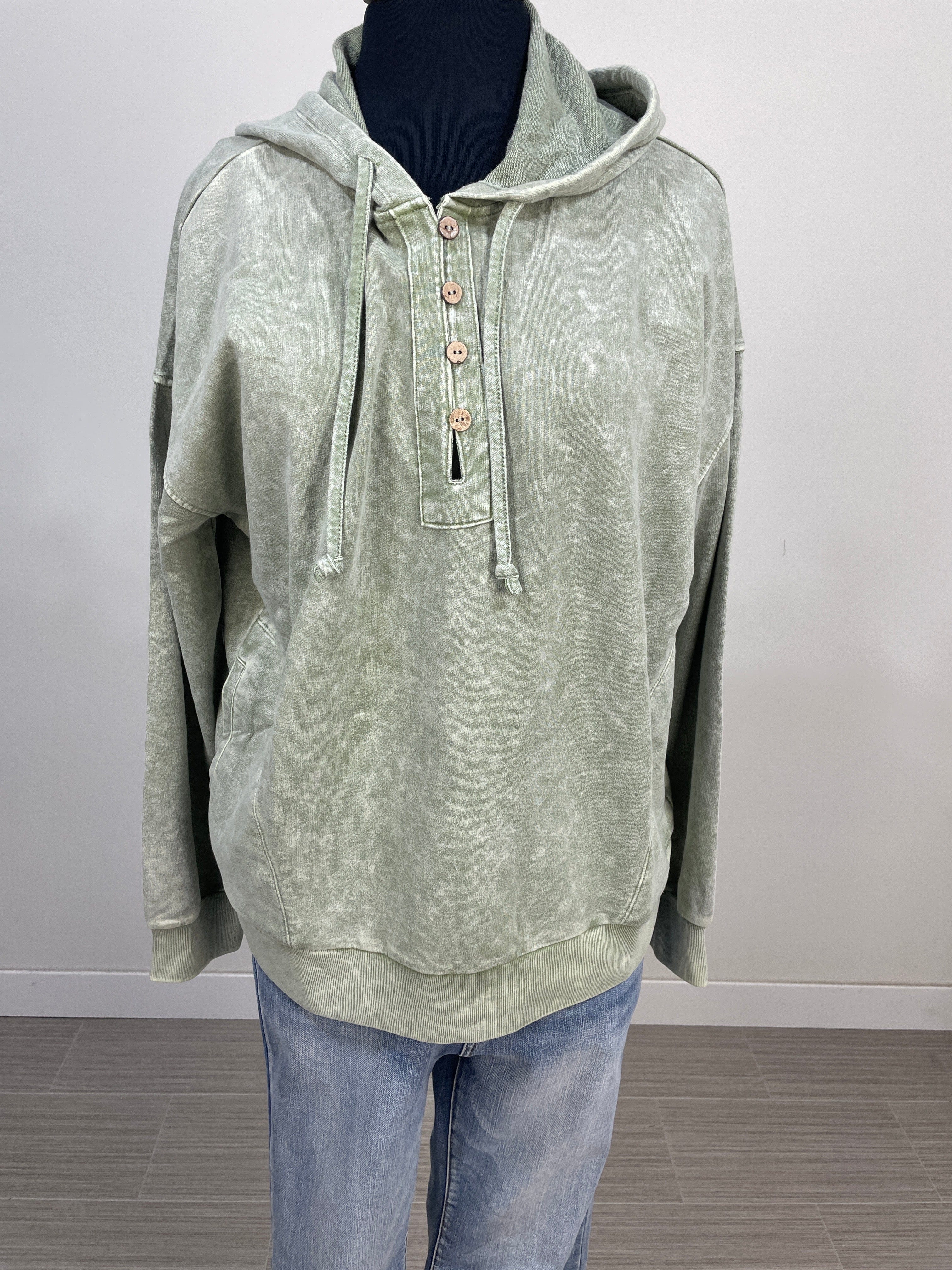 Olive Washed Hooded Henley Knit Sweater