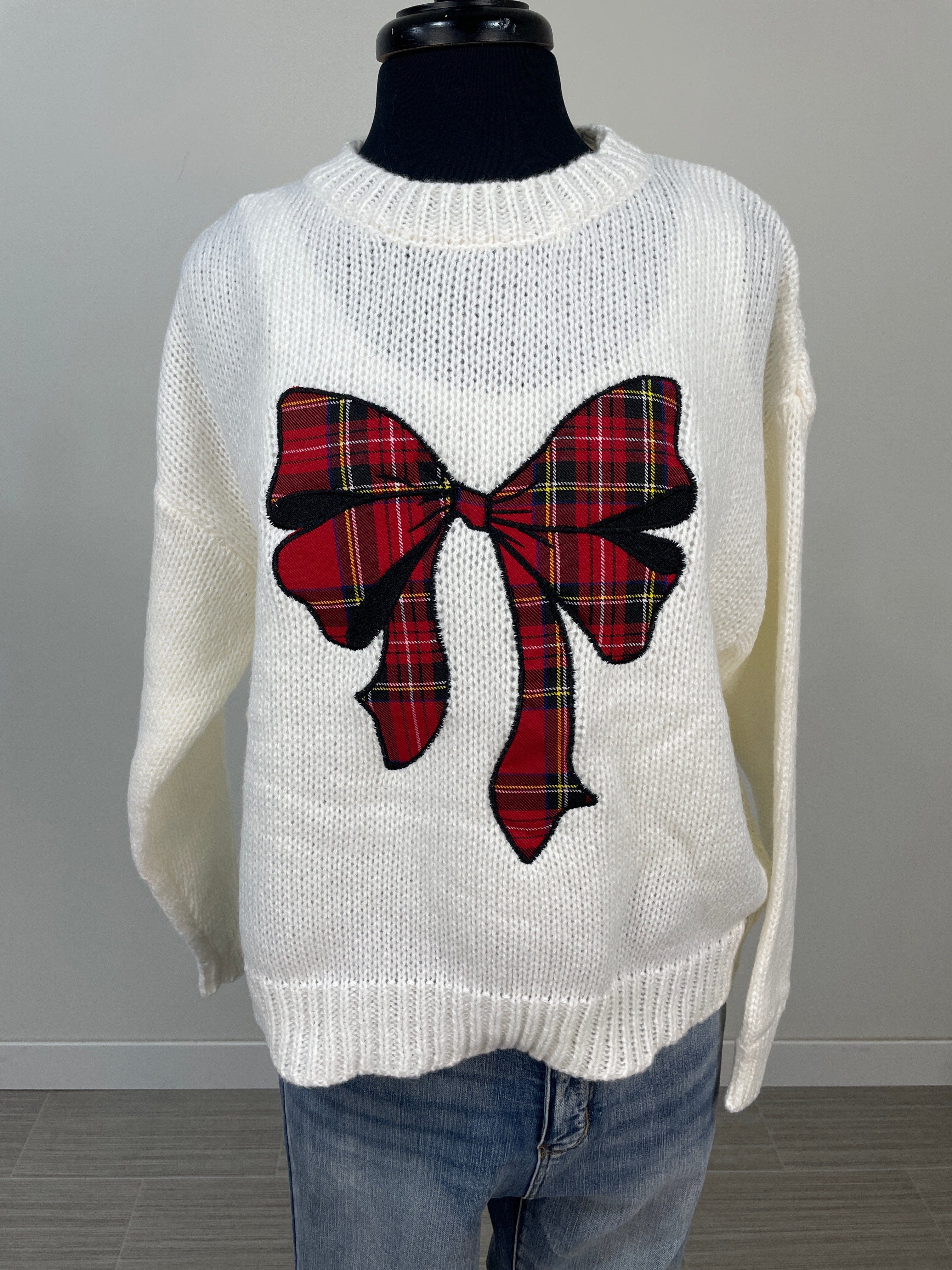 Ivory Plaid Bow Sweater