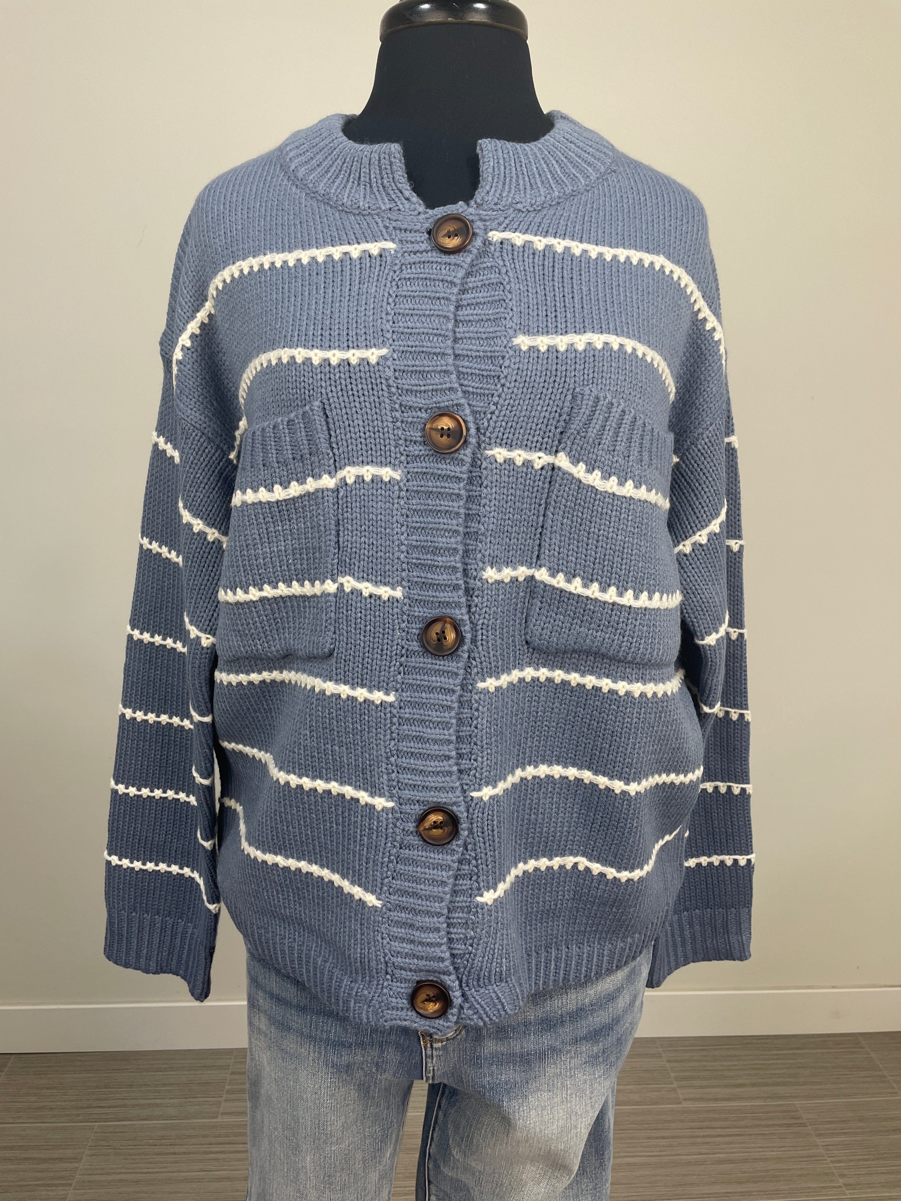 Dusty Blue with Ivory Stitch Detail Cardigan