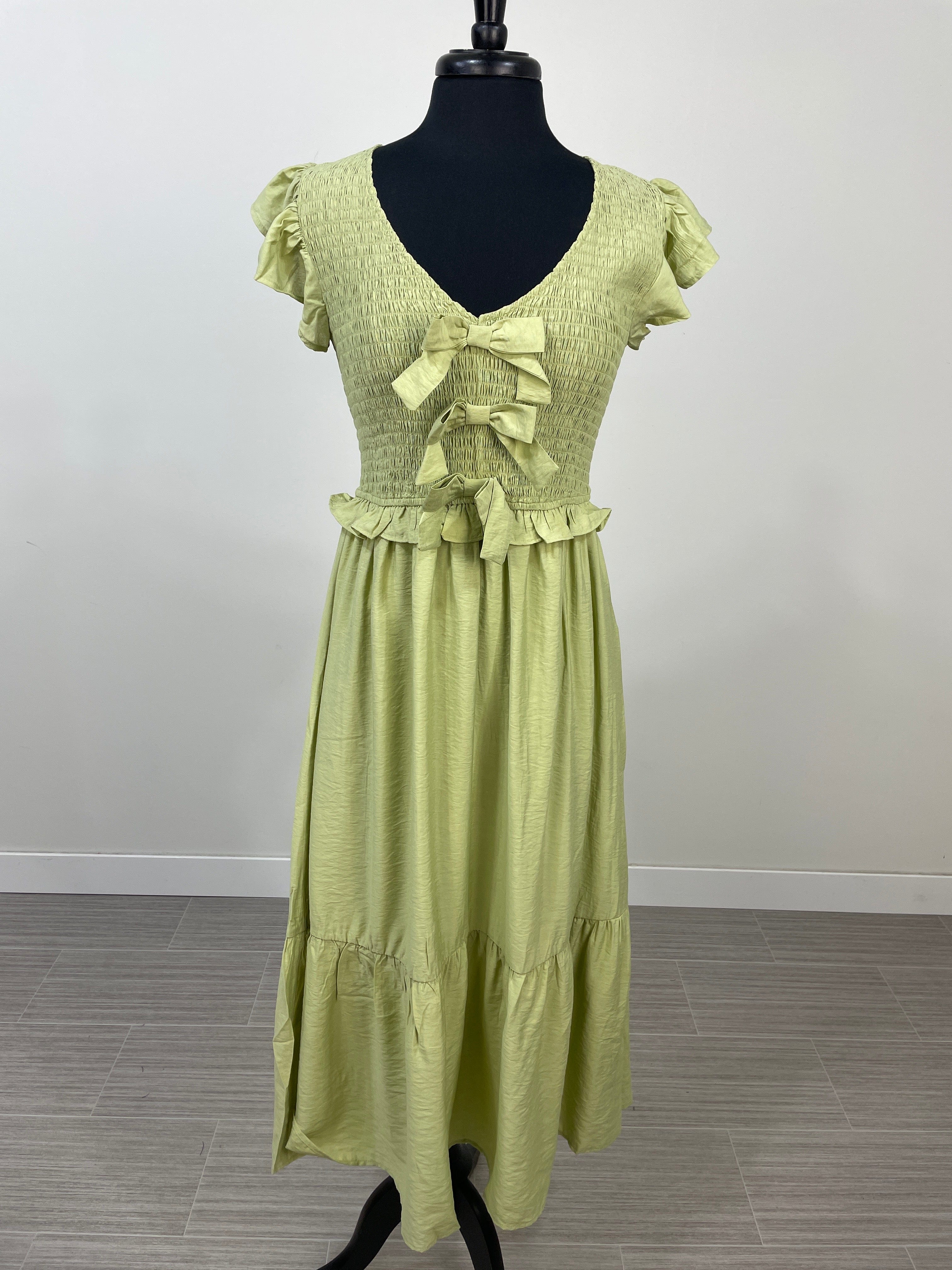 Light Olive Bow Detail Smocked Ruffle Midi Dress