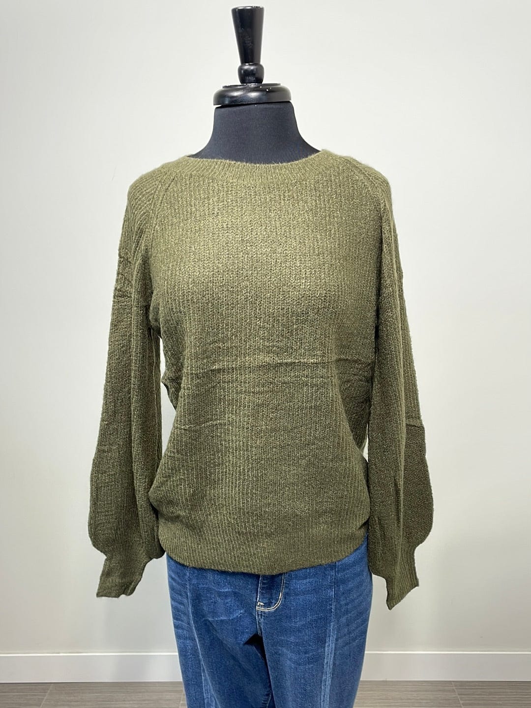 Olive Crewneck Balloon Sleeve Sweater OS