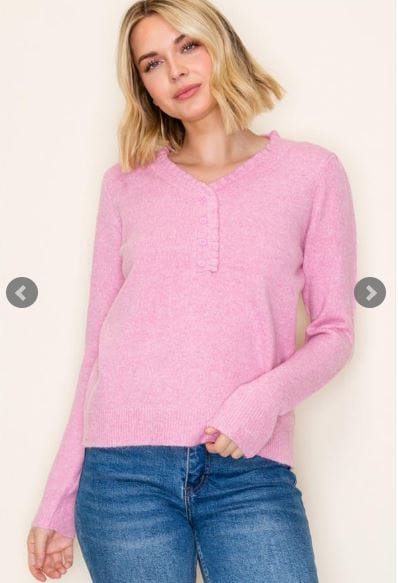 Pink Ruffle Half Button Sweater