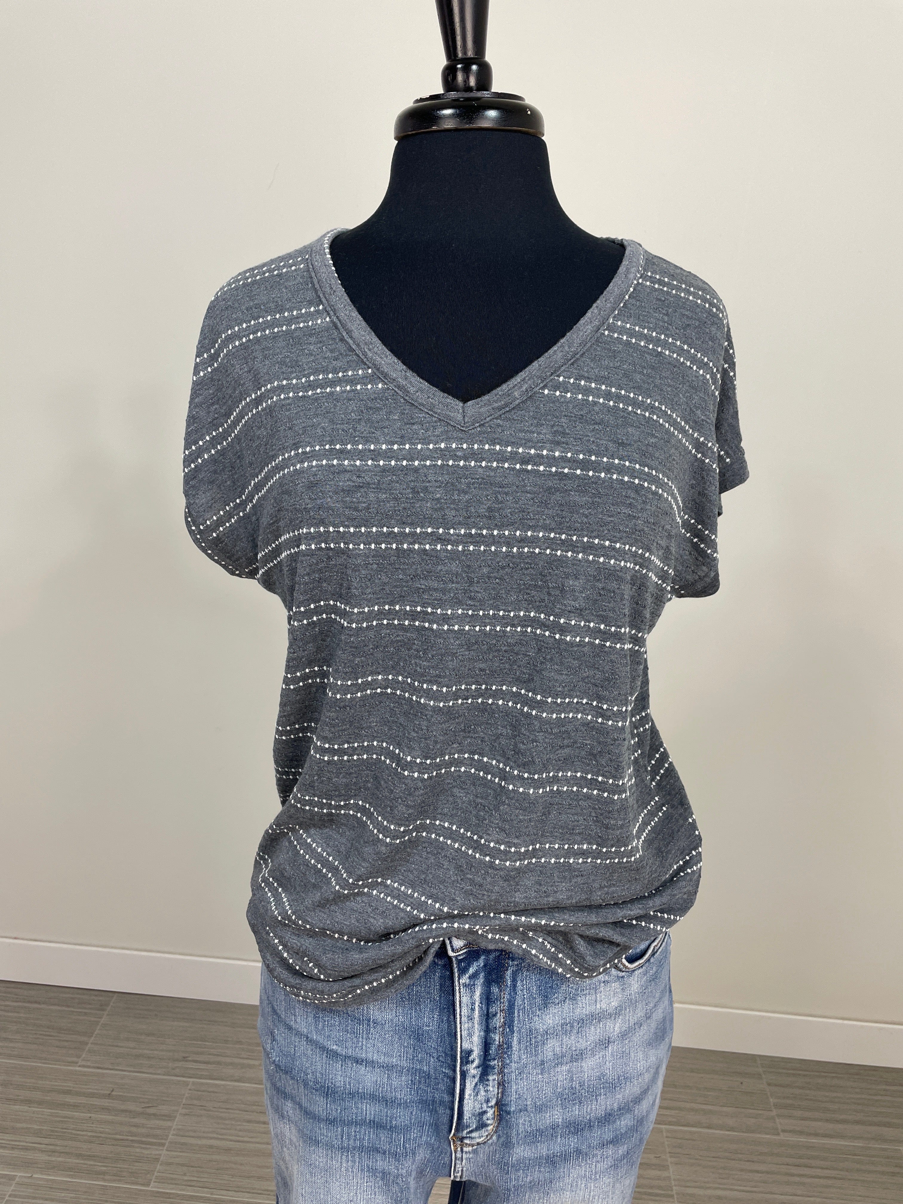 Gray V-Neck Textured Stripe Top