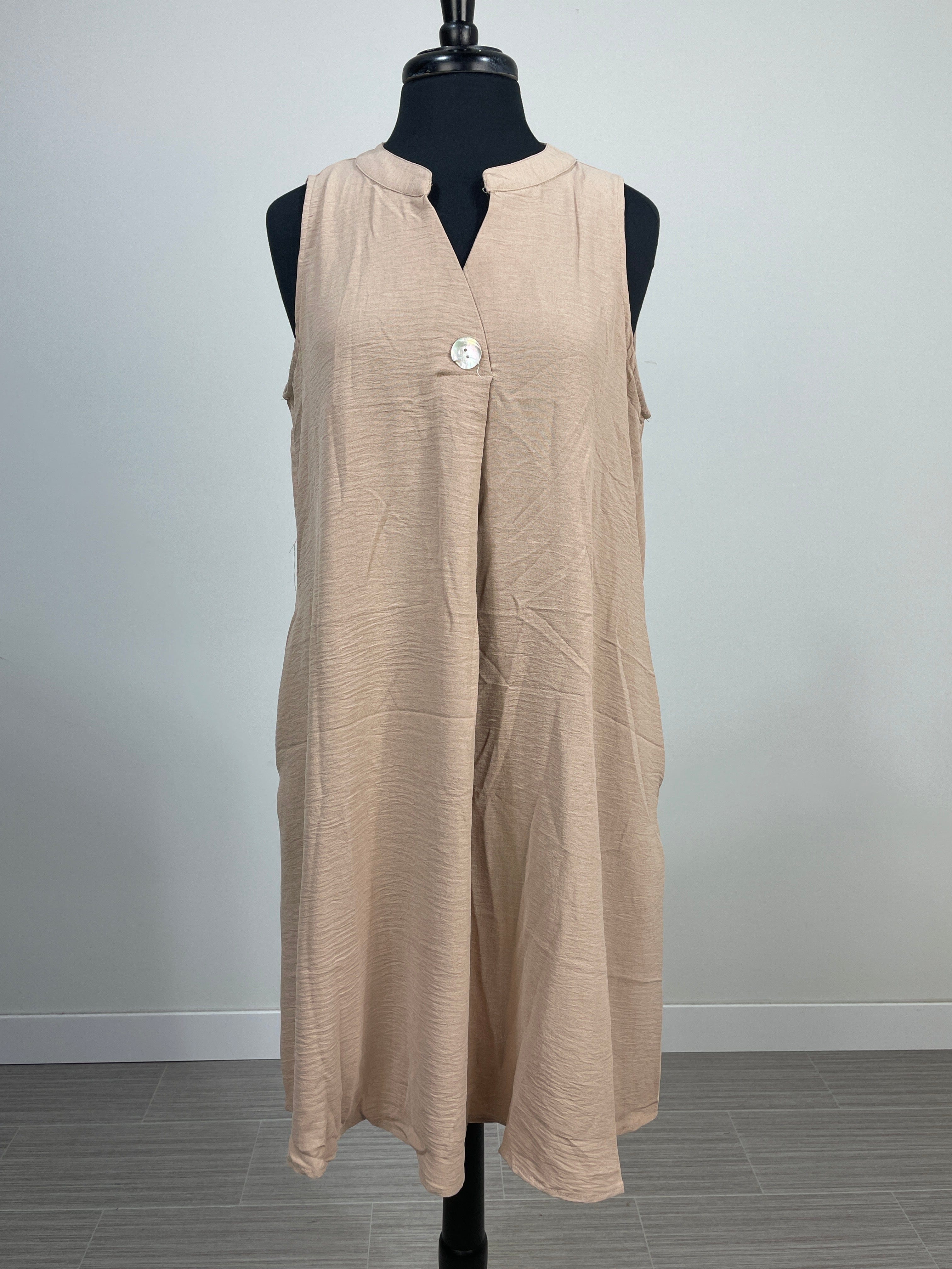 Khaki Sleeveless Button Dress